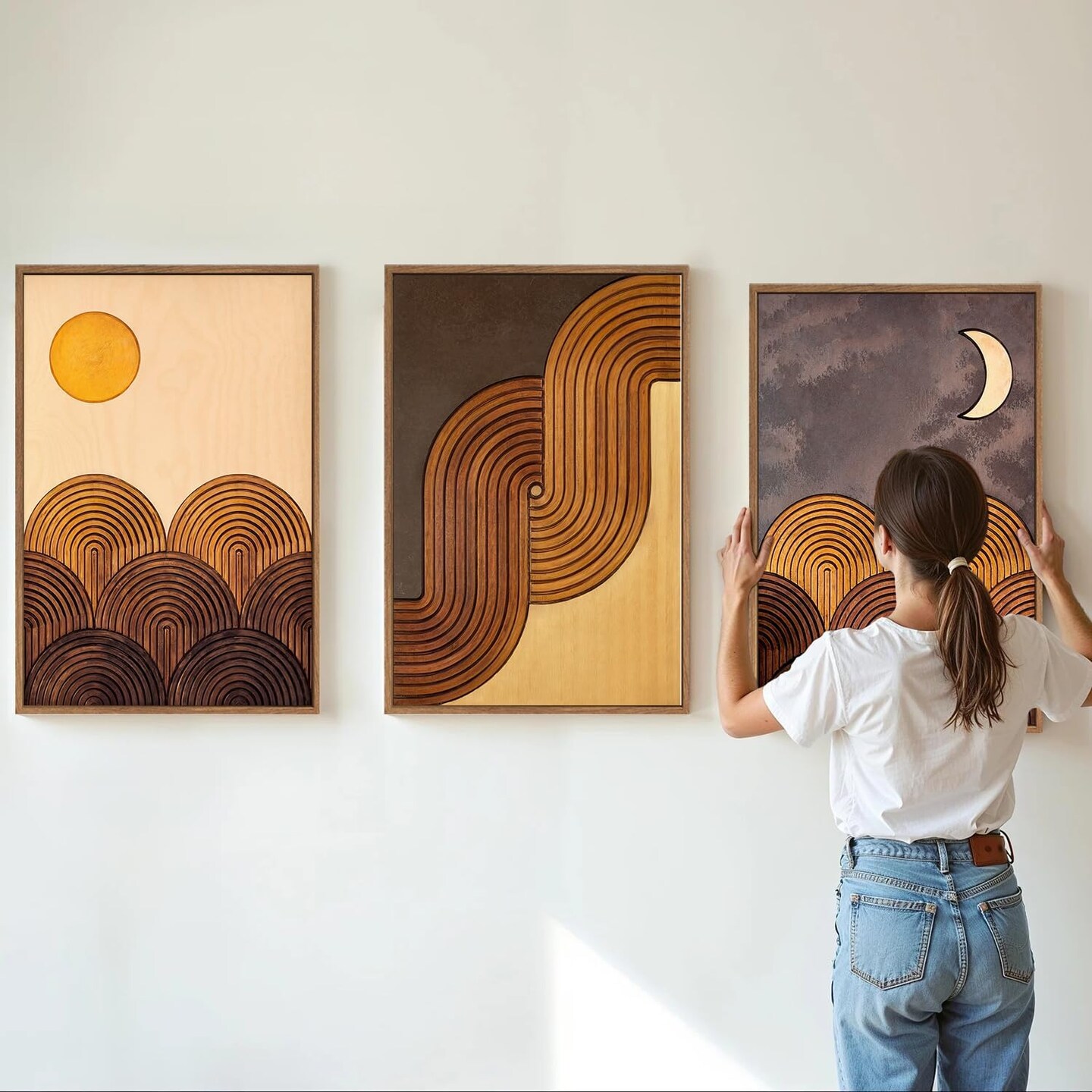 Summer Boho Mountain Framed Canvas Wall Art Set, Mid Century Modern Geometric Line Wall Decor, Bohemian Sun and Moon Art Paintings, Beige Brown Wooden Artwork for Living Room Bedroom Office 16&#x22;x24&#x22;x3