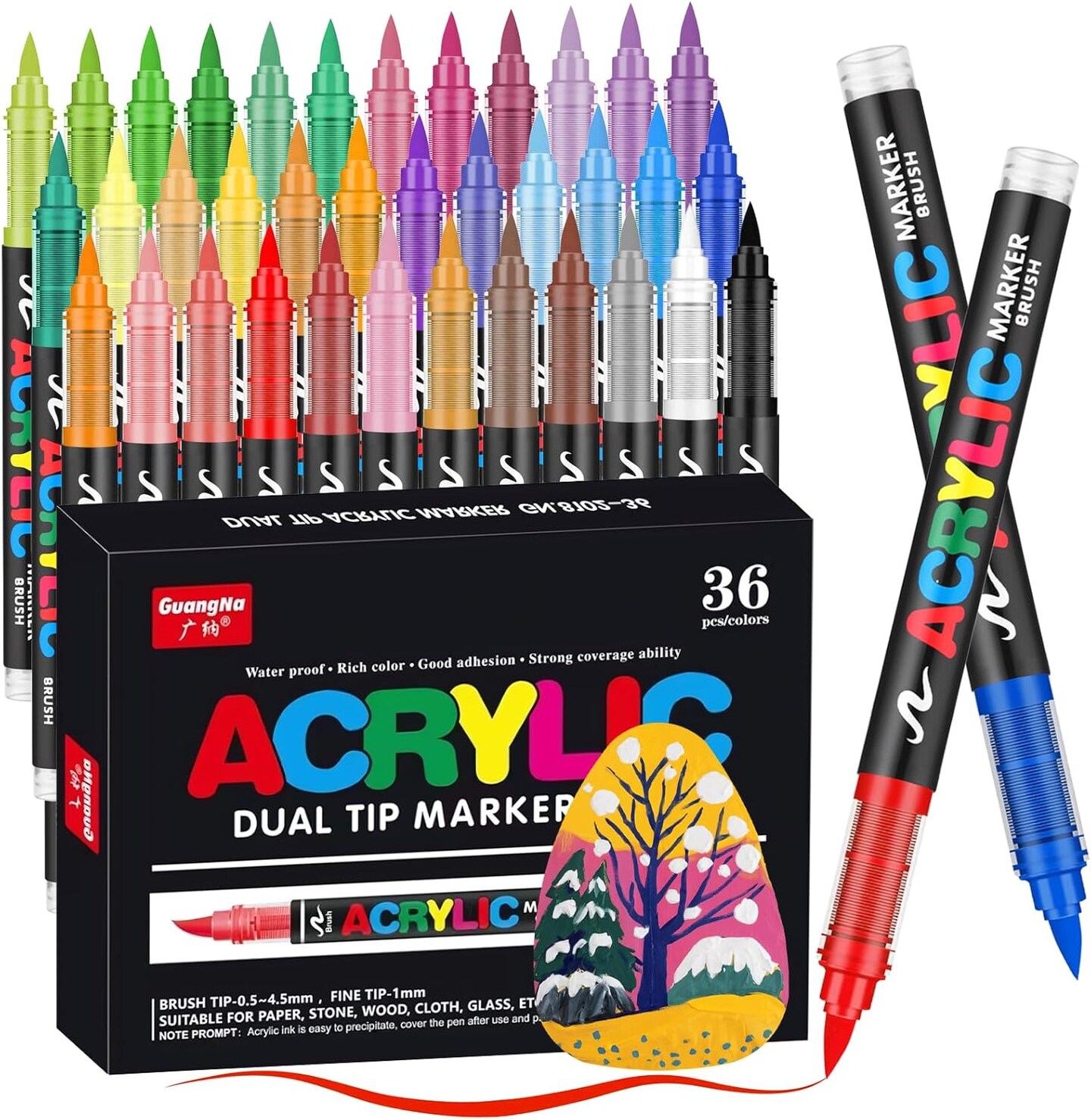 Acrylic Paint Markers Pens, 36 Colors Waterproof &#x26; Long-Lasting Ink, Brush Tip Acrylic Markers for Wood, Rock Painting, Glass, Canvas, Ceramic, Fabric, Plastic Art Crafts Supplies Kids Adult