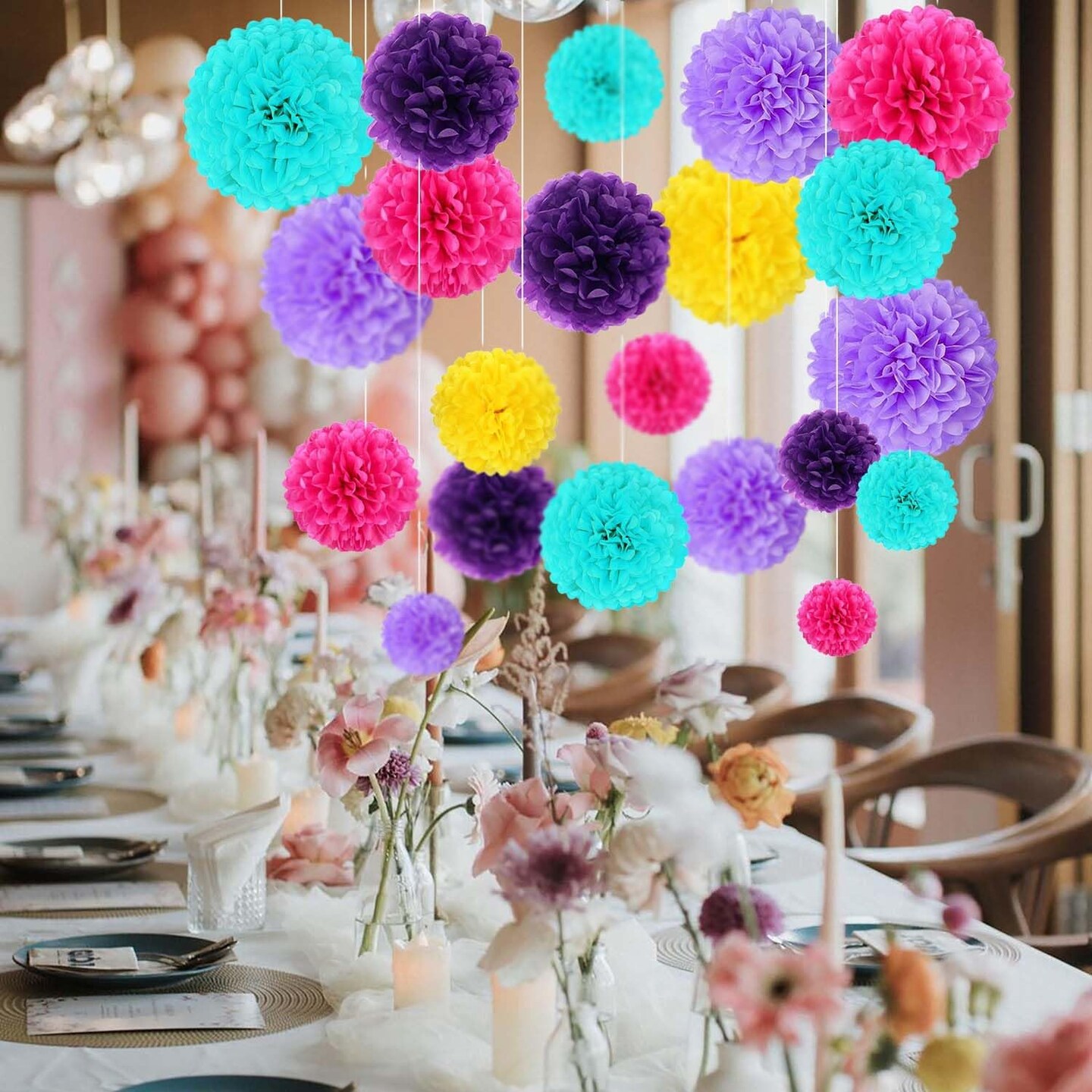 Blue Purple Yellow Rose Pink Tissue Paper Pom Poms Flower Set Decor-30PCS Ideal for Birthday,Bridal Showers,Wedding,Baby Shower Party Decorations (12&#x22;,10&#x22;,8&#x22;,6)