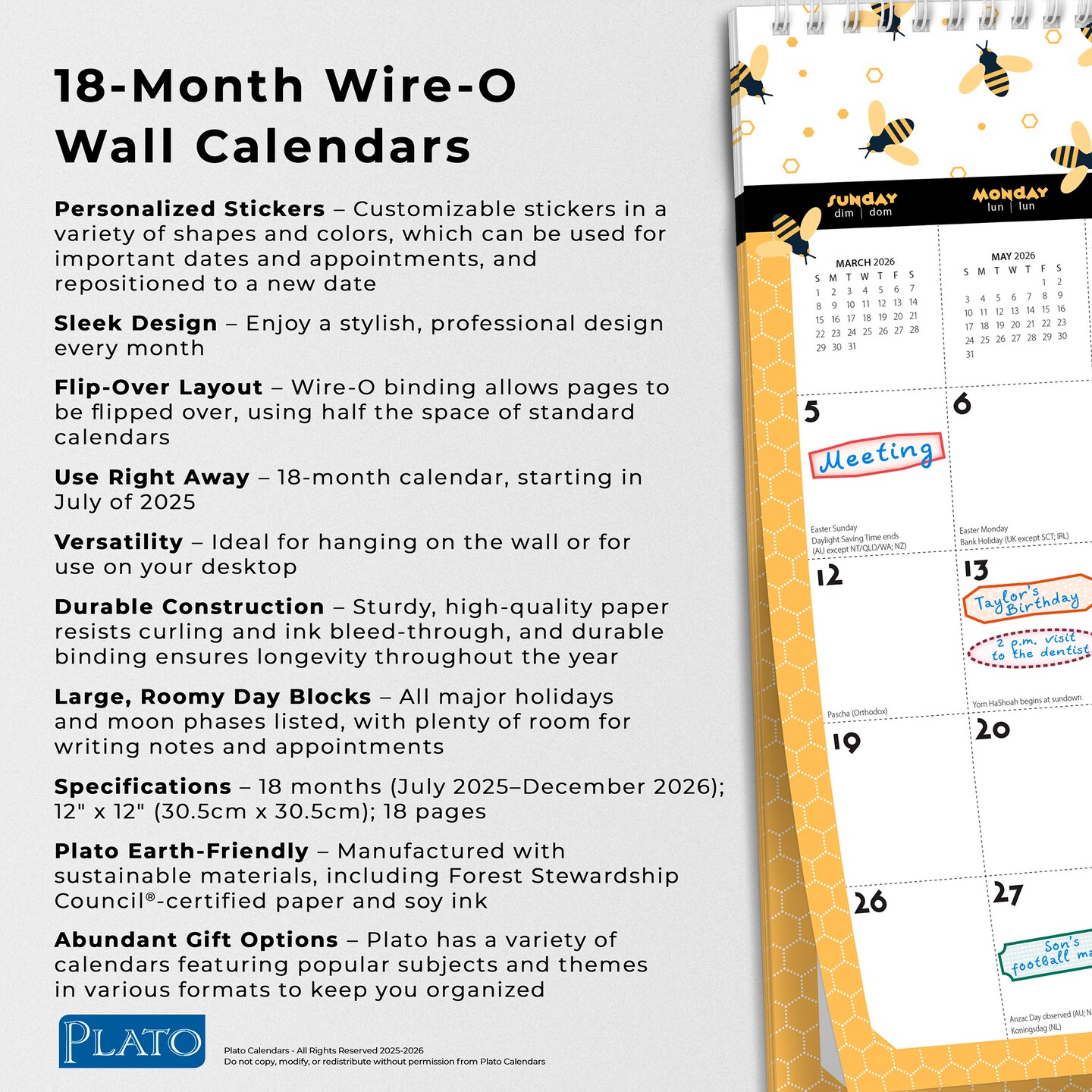 Busy Bees | 2026 12 x 12 Inch (Hanging) 18 Months Monthly Square Wire-O Calendar | Sticker Sheet | July 2025 - December 2026
