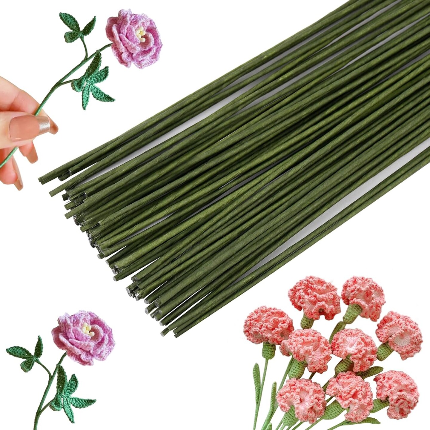 50-Pack 18-Gauge Dark Green Floral Wire Stems, Paper-Wrapped for Crafts