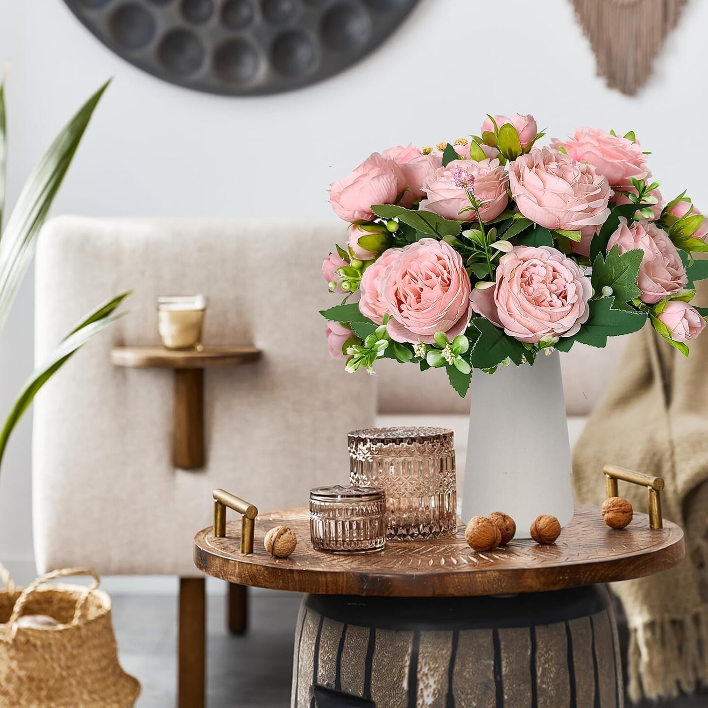 Faux Peony Flowers with Vase Fake Bouquet with Stems Artificial Greenery for Floral Arrangements Silk Plants for Home Decor Indoor Rustic Coffee Centerpiece Table Mother&#x27;s Day(Pink)