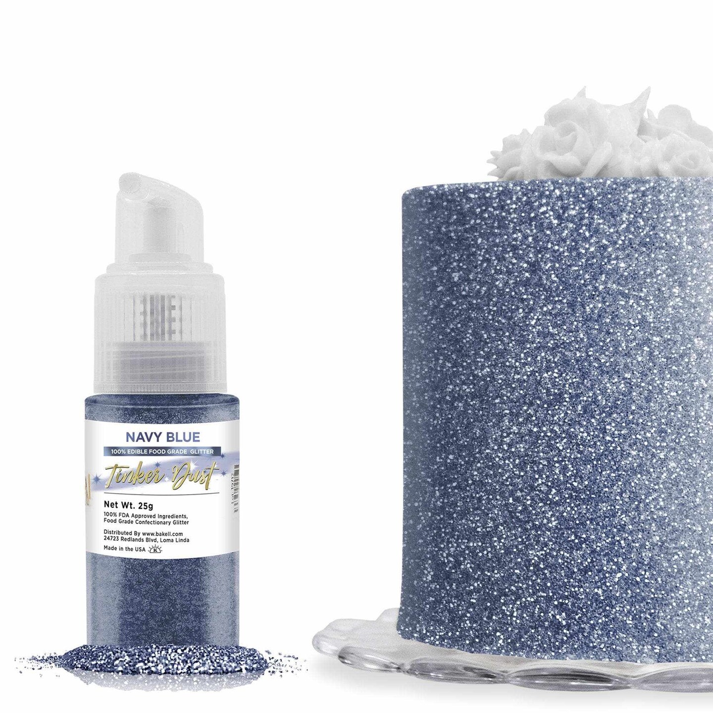 Bakell - Navy Blue Tinker Dust Edible Glitter (25g, 1x Spray Pump) for Food, Desserts, and Beverages!