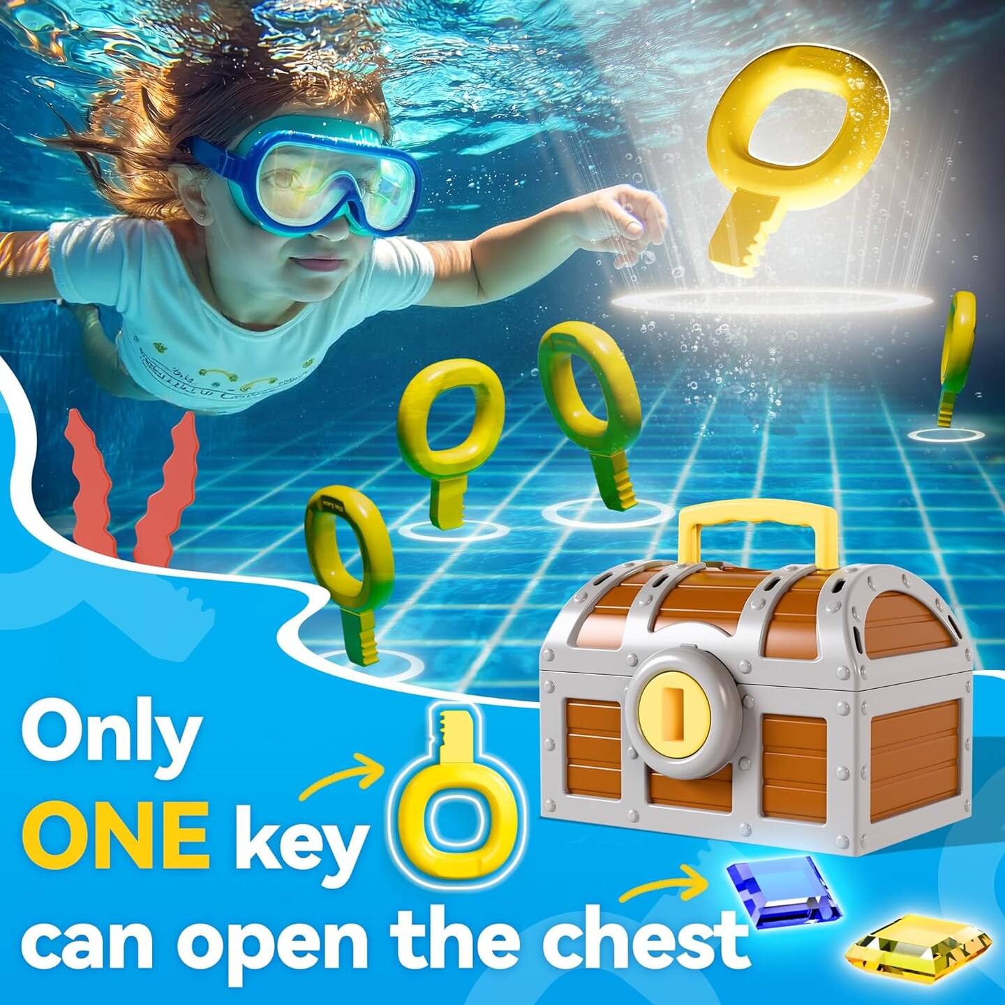 Summer Pool Wave Kids Diving Pool Toy, Large Treasure Chest Water Dive Game W/Keys Gems Fish, Toddler Outdoor Swimming Treasure Box Playset, Fun Summer Swim Party Gifts 3 4 5 6 7 8 10 12 Year Old Boy Girl