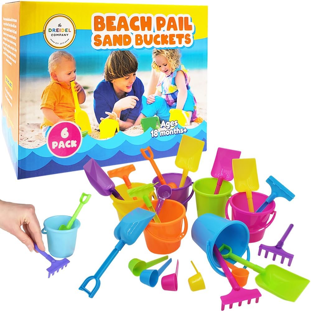 Summer Sand Toys Mini Beach Playsets, Play Set Includes 1 Sand Bucket, 1 Shovel, 1 Rake, and 1 Scoop, Birthday Treats for Boys and Girls, Party Favors for Kids and Toddlers (6-Pack)