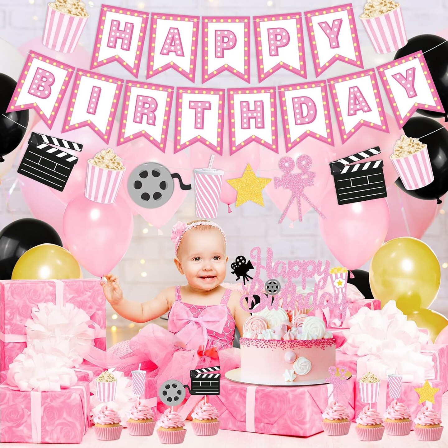 Happy Birthday Decorations,Movie Theme Party Decorations Pink Popcorn Camera Movie Theater Decorations Cute Cake Topper Latex Balloons