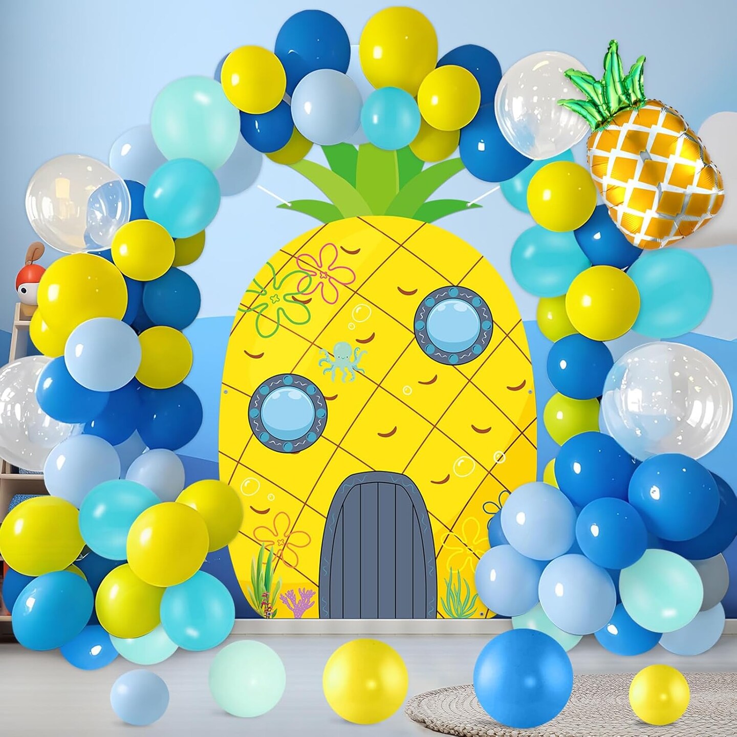 114Pcs Yellow Cartoon Party Decorations Yellow and Blue Balloon Garland Arch Kit Ocean Sea Pineapple Party Backdrop House Photo Prop Booth Frame Set for Baby Shower Birthday Party Supplies
