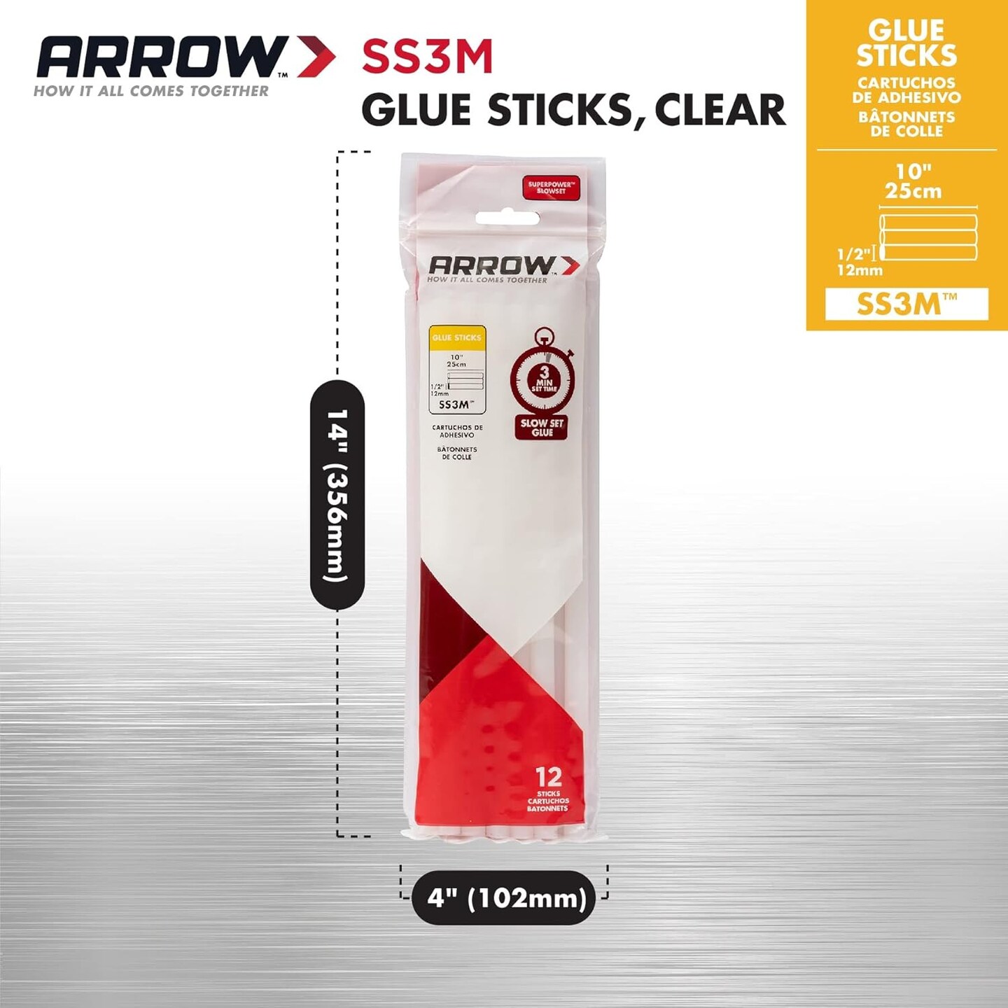 SS3M Full Size Slow Set Glue Sticks for Hot Glue Guns, Use for High Temp and Low Temp Crafting, Hobbies, and General Repair Projects, 10-Inch by 1/2-Inch, Clear, 12-Pack