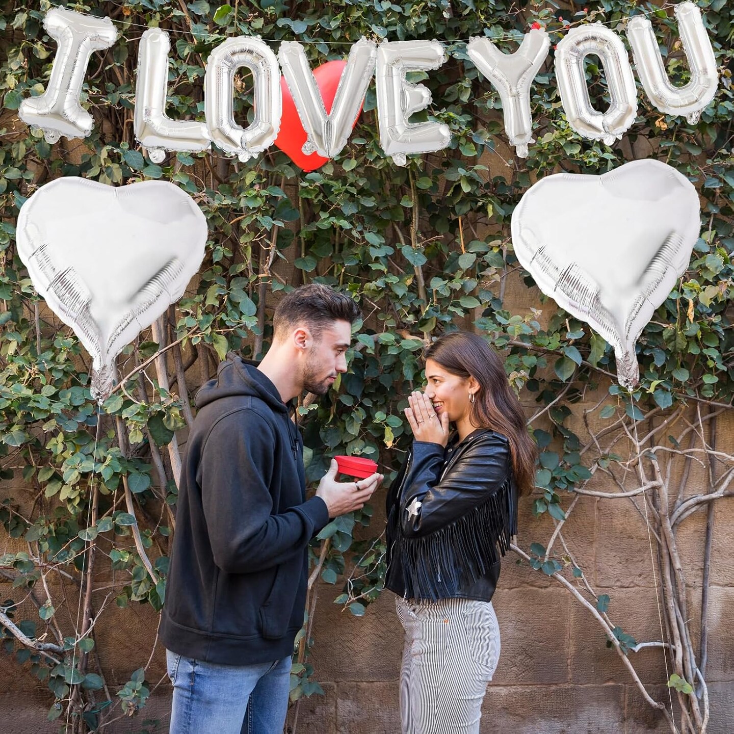 16in Silver 'I LOVE YOU' Balloon Banner with 2 Heart Foil Balloons – Romantic Party Decor
