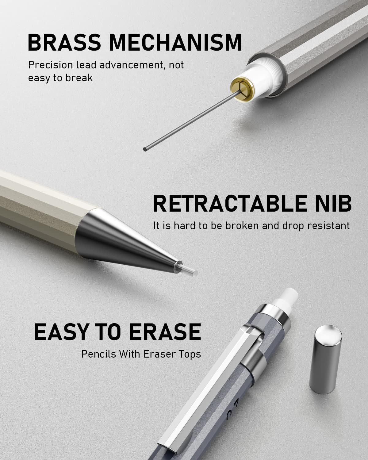 2 PCS 0.7 mm Metal Mechanical Pencils Set, Drafting Pencil for Artist Writing, Sketching, Drawing, with 4 Tubes HB Lead Refill & Erasers, Erasers Refills & Storage Case