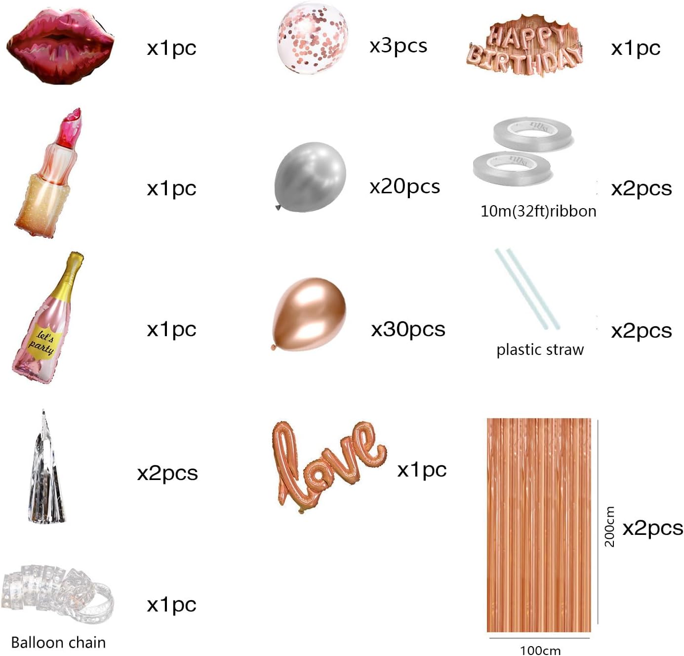 Rose Gold Birthday Decorations for Women and Girls – Includes Happy Birthday Banner, Balloon Letters, and Rose Gold Fringe Curtain