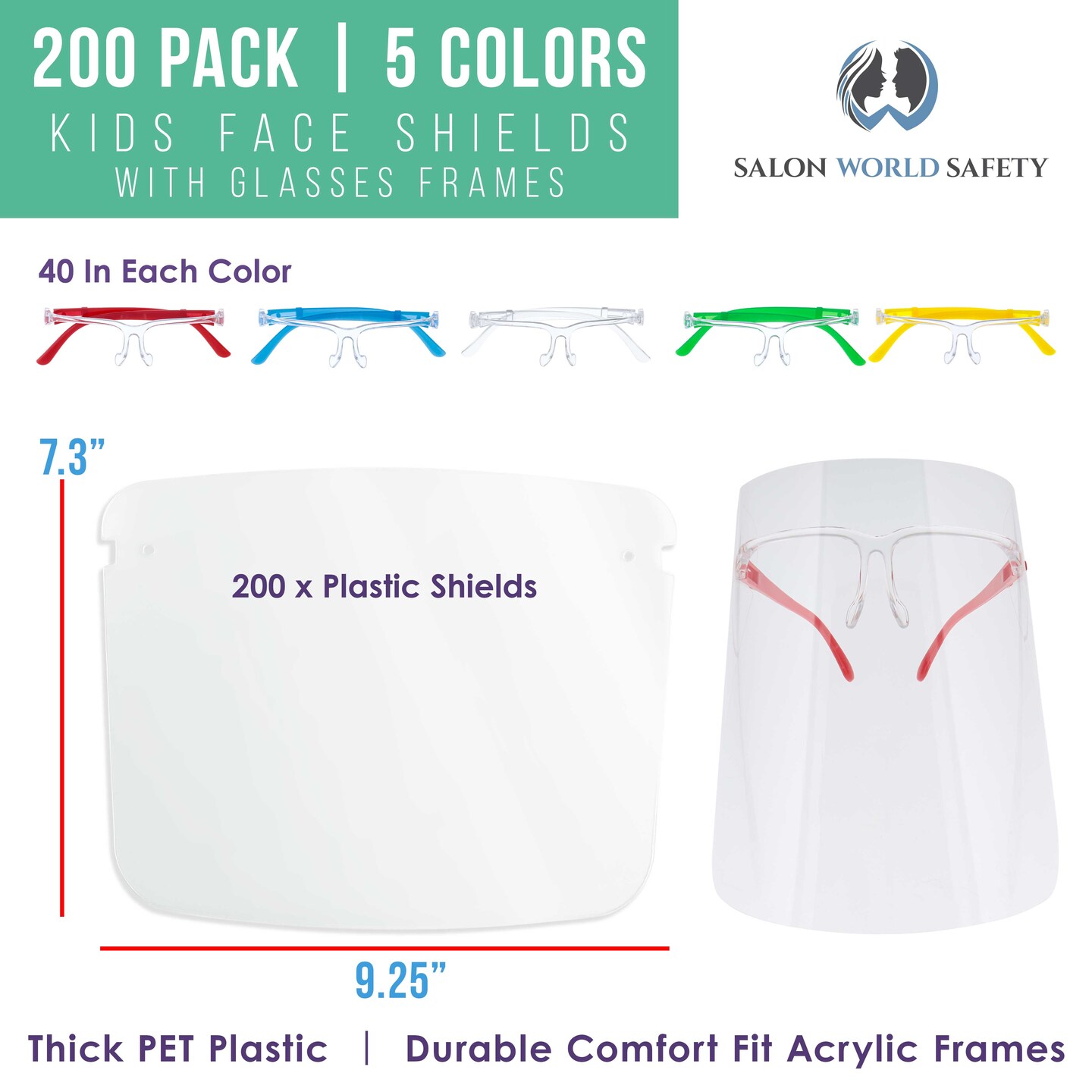 200 Kids Face Shields with Glasses Frames (20 Packs of 10) - 5 Colors, 40 Each - Protective Children&#x27;s Full Face Shields - Anti-Fog PET Plastic