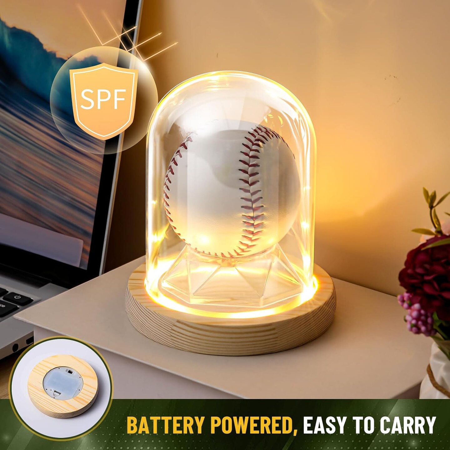 LED Baseball Display Case, Light up UV Protection 360&#xB0; Glass Baseball Case with Wooden Base 3.5 x 4.7&#x27;&#x27; Golf Ball Holder Stand for Balls Tennis Golf Display Figurine Memorabilia Gift Decoration