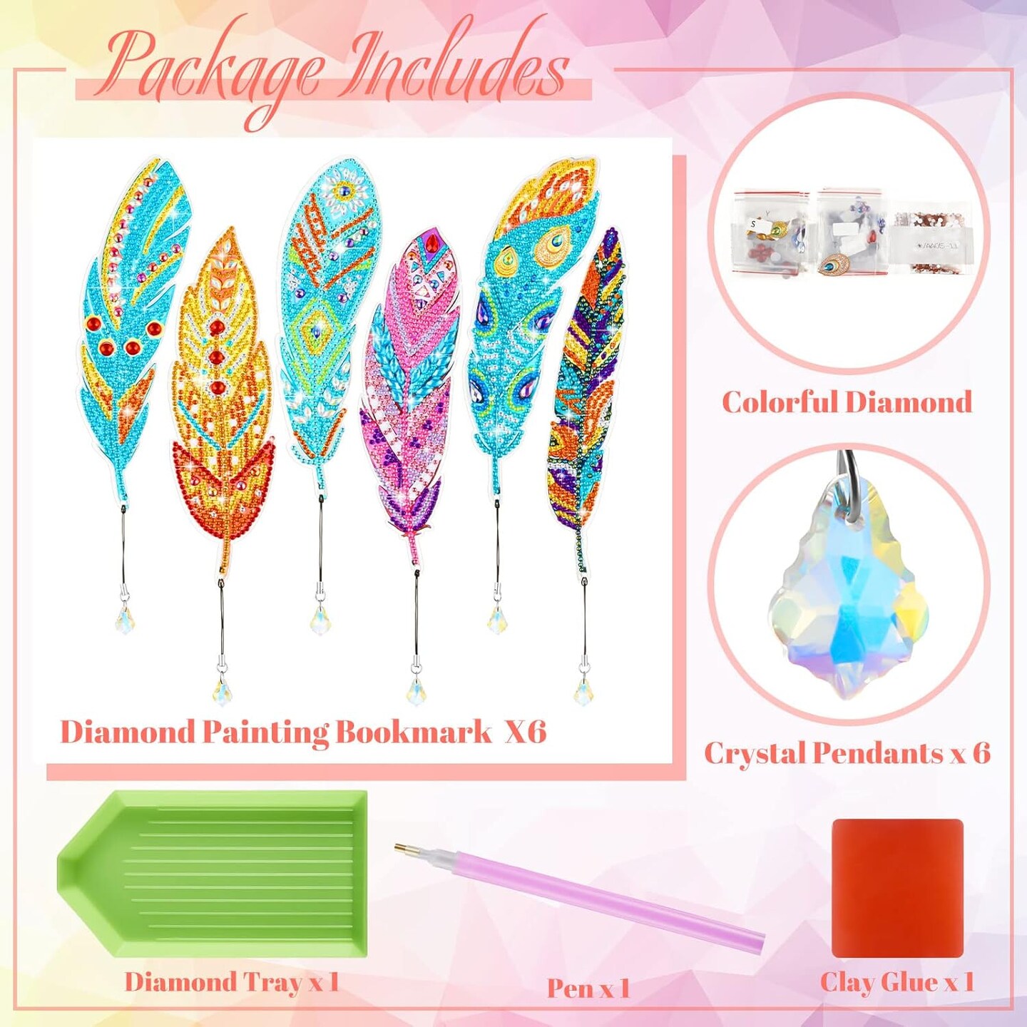 6 Pcs Diamond Painting Bookmarks Kits DIY 5d Feather Bookmark Rhinestone DIY Bookmarks Crystal Diamond Art Acrylic for Adult Arts Supply Crafts Gifts