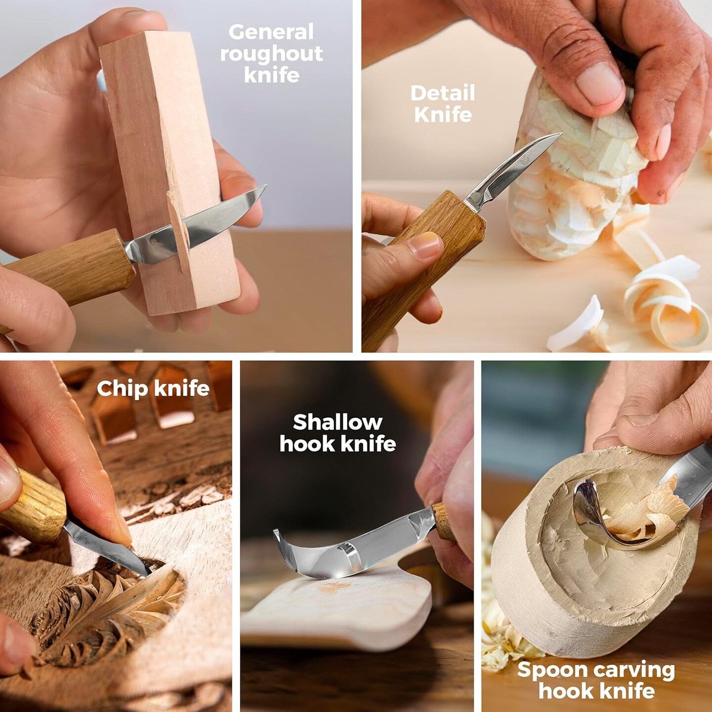 Wood Carving Kit, Deluxe 5pc Whittling Knife Set with Razor-Sharp Knives, Spoon Carving Knife, Wood Whittling Kit for Beginners and Adult Crafts