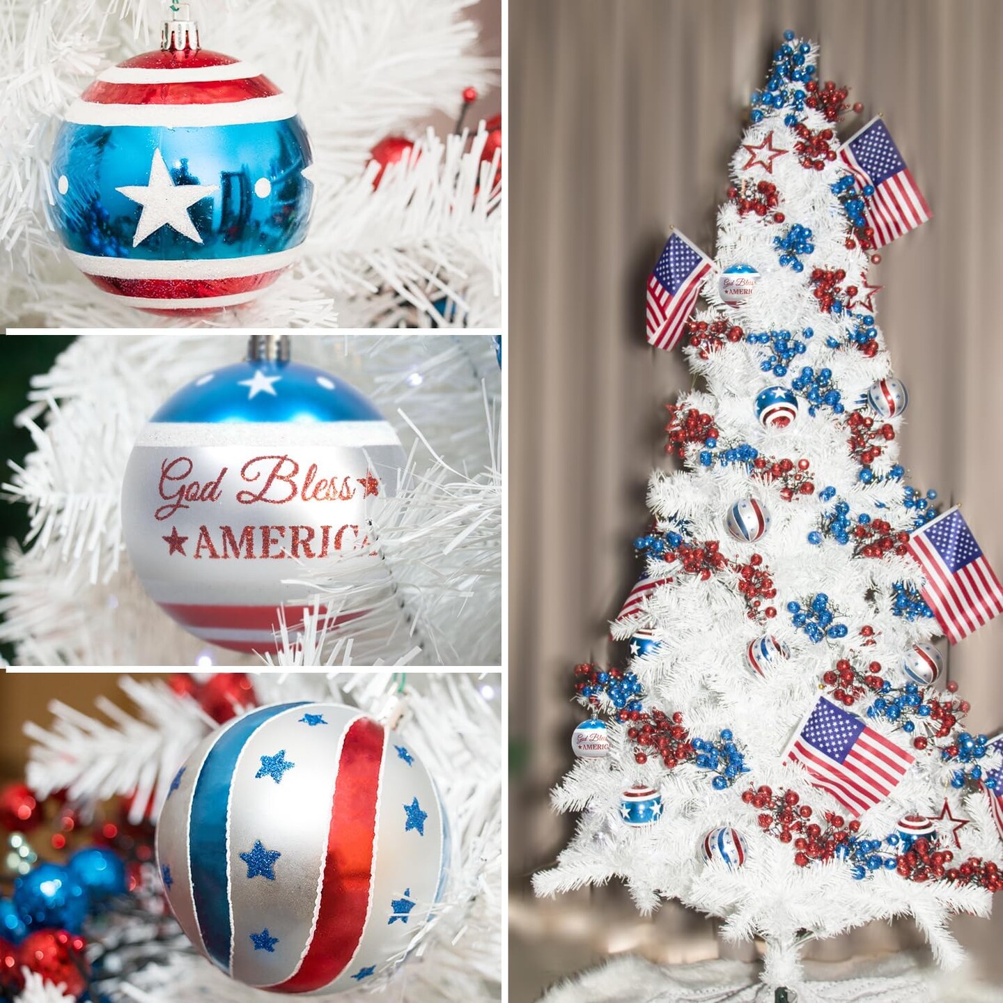 12-Pack Large Patriotic Ball Ornaments with American Flag for Veterans Day