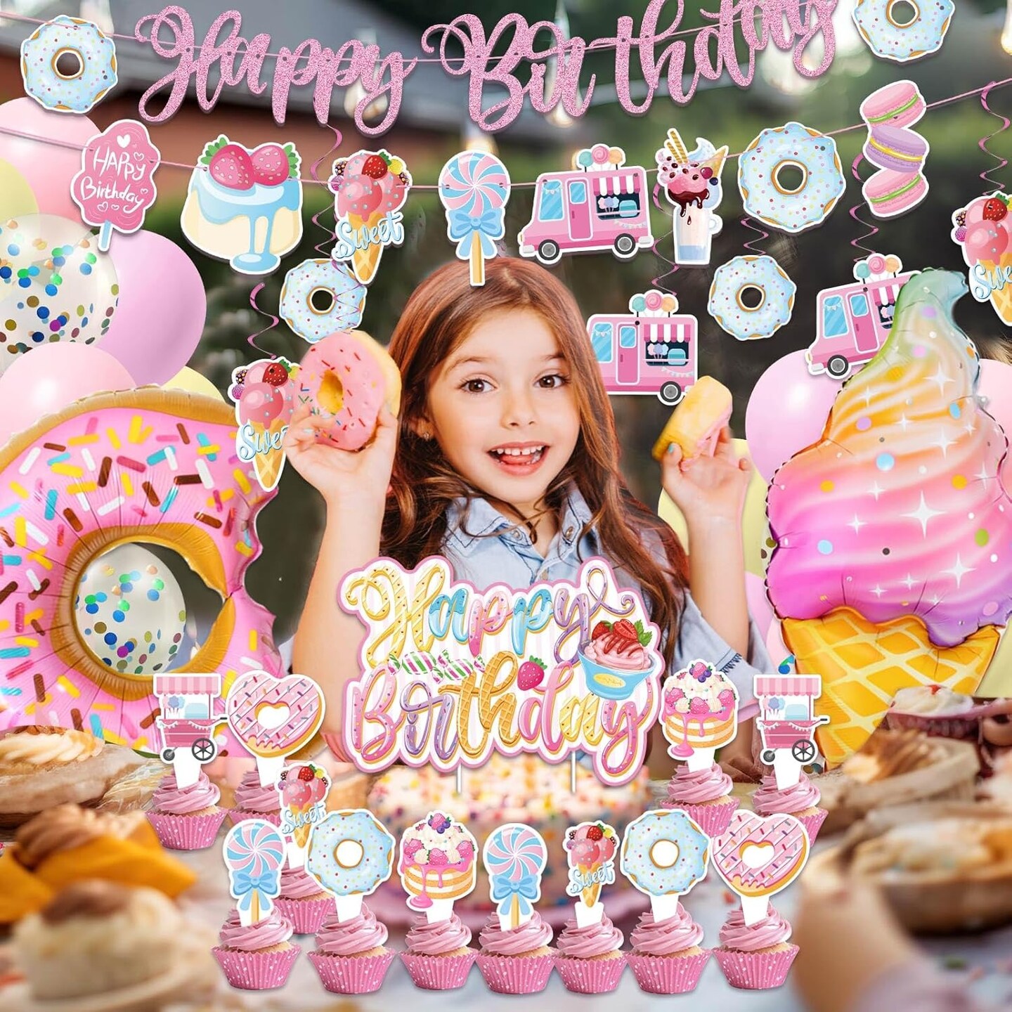 Sweets Birthday Party Decorations for Girls- Pastel Ice Cream Party Supplies, Donut Balloons Happy Birthday Banner Cupcake Topper Candy Theme Birthday for Baby Shower Wedding