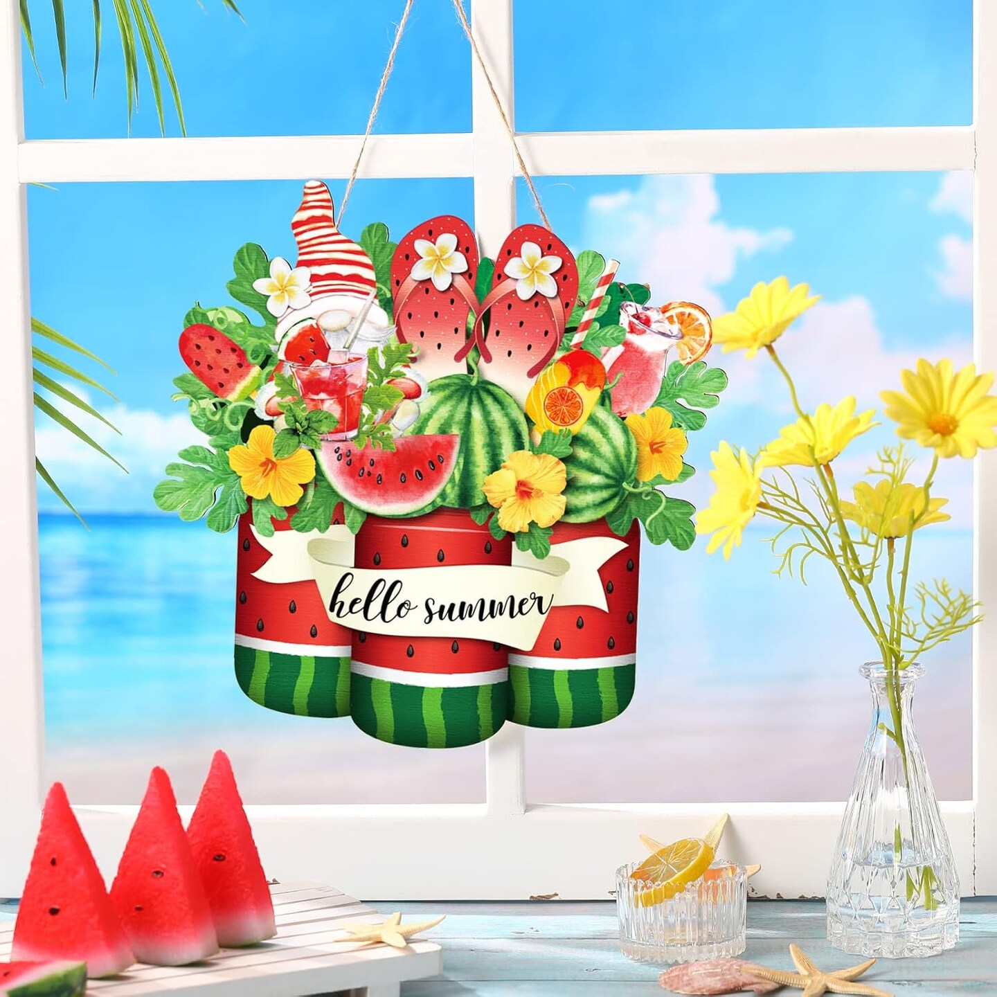 Hello Summer Watermelon Sign Wooden Watermelon Gnome Welcome Hanging Sign with Ropes Rustic Summer Front Door Hanger Ornament for Farmhouse Home Indoor Outdoor Door Porch Wall Decor
