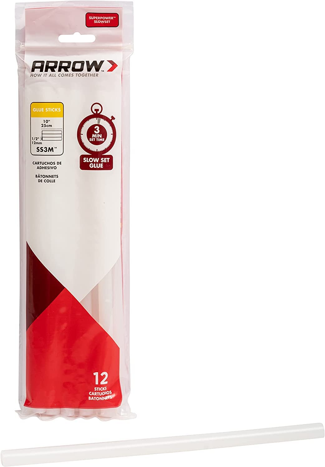 SS3M Full Size Slow Set Glue Sticks for Hot Glue Guns, Use for High Temp and Low Temp Crafting, Hobbies, and General Repair Projects, 10-Inch by 1/2-Inch, Clear, 12-Pack