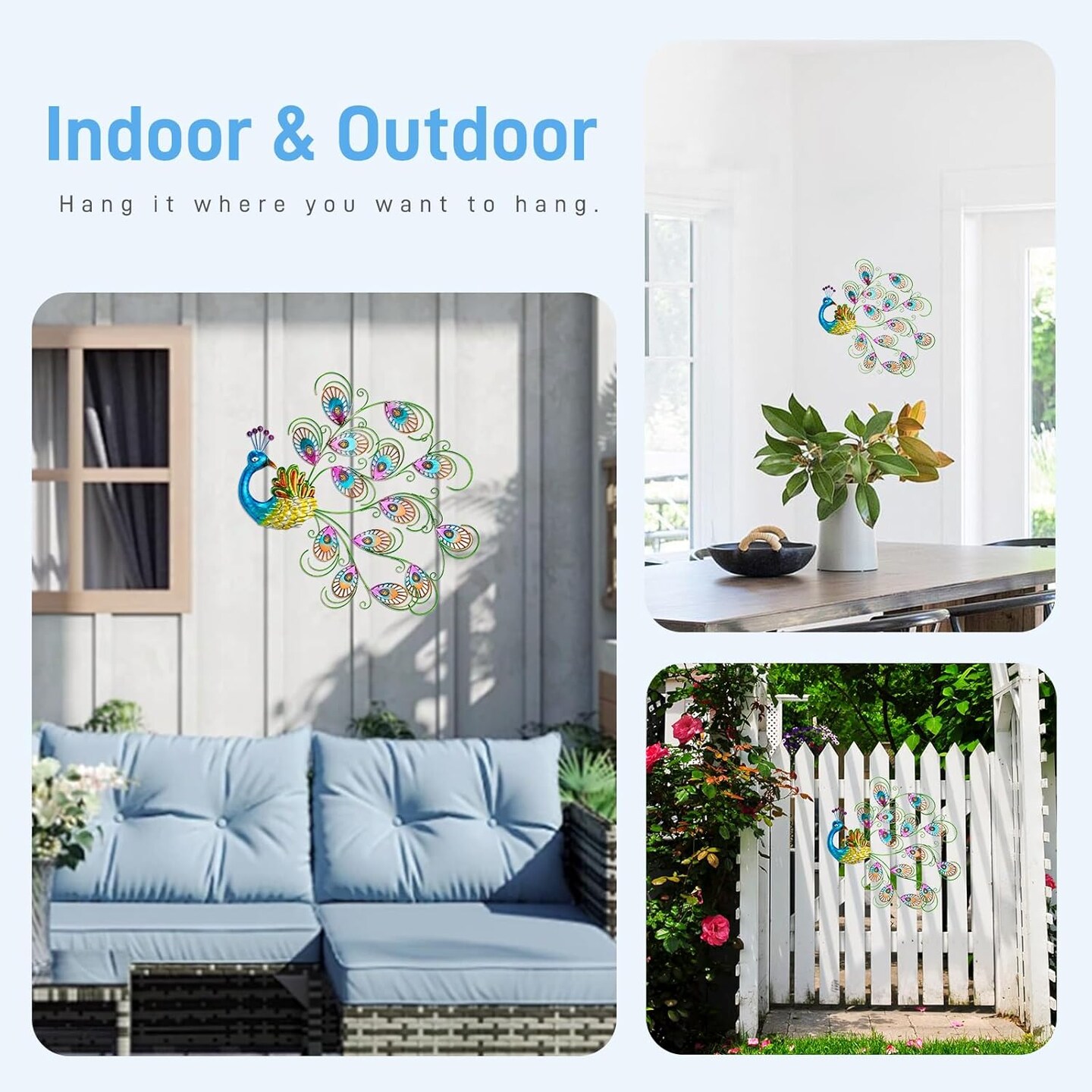 Summer Metal Wall Art Decor, 20'' W x 19'' H Peacock Wall Hanging Decor & Wall Sculpture, Large Wall Decor for Patio, Fence, Garden, Home Decor (Blue)