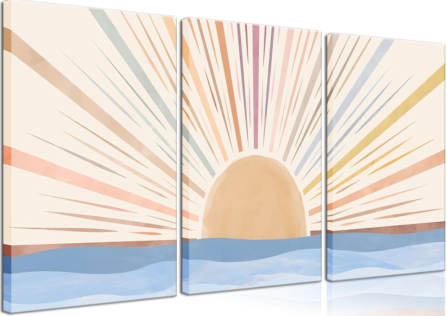 3Pcs Summer Framed Boho Canvas Wall Art Sun Sunrise Yellow Line Pictures Prints Wall Decor Modern Mid Century Rainbow Posters Nature for Living Room Bedroom Bathroom Office Home Decoration12x16inx3