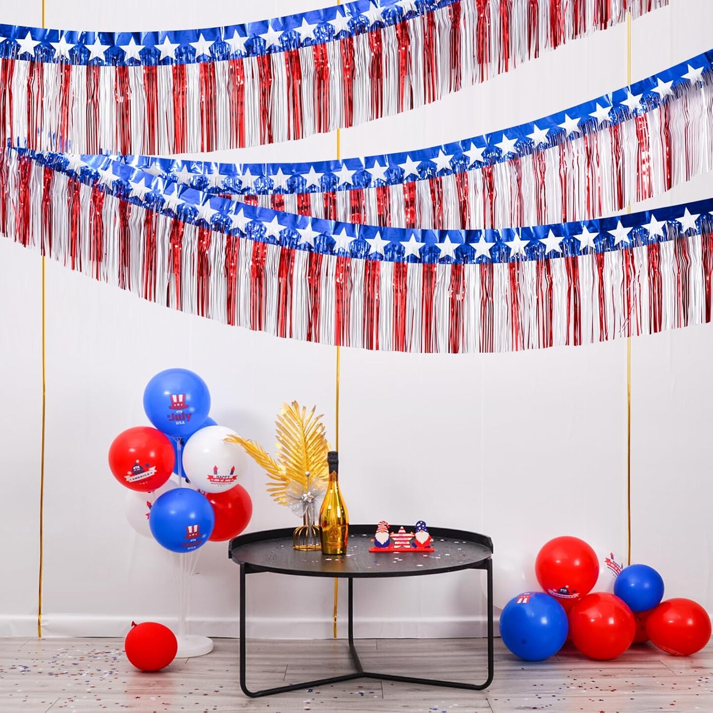 4th of July Decorations 2Packs 39 Feet Foil Fringe Garland Tinsel Streamers, Red White and Blue Star Metallic Hanging Backdrop Banner Table Skirts for Parade Floats Memorial Day Patriotic Party
