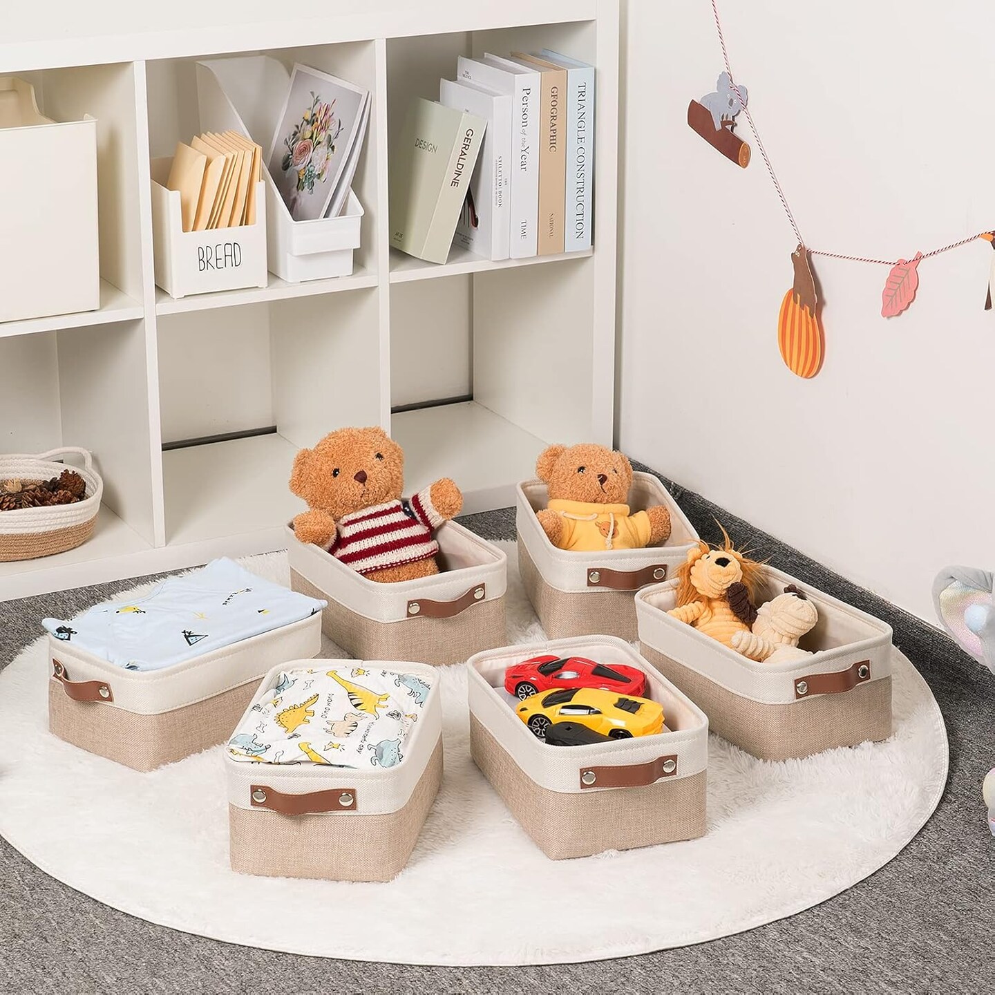 Summer Fabric Baskets for Organizing(6 pack) Collapsible Storage Baskets for Shelves, Closets, Laundry, Nursery, Decorative Baskets for Gifts Empty (White&#x26;Khaki, 11.8&#x22; x 7.8&#x22; x 5.1&#x22;)