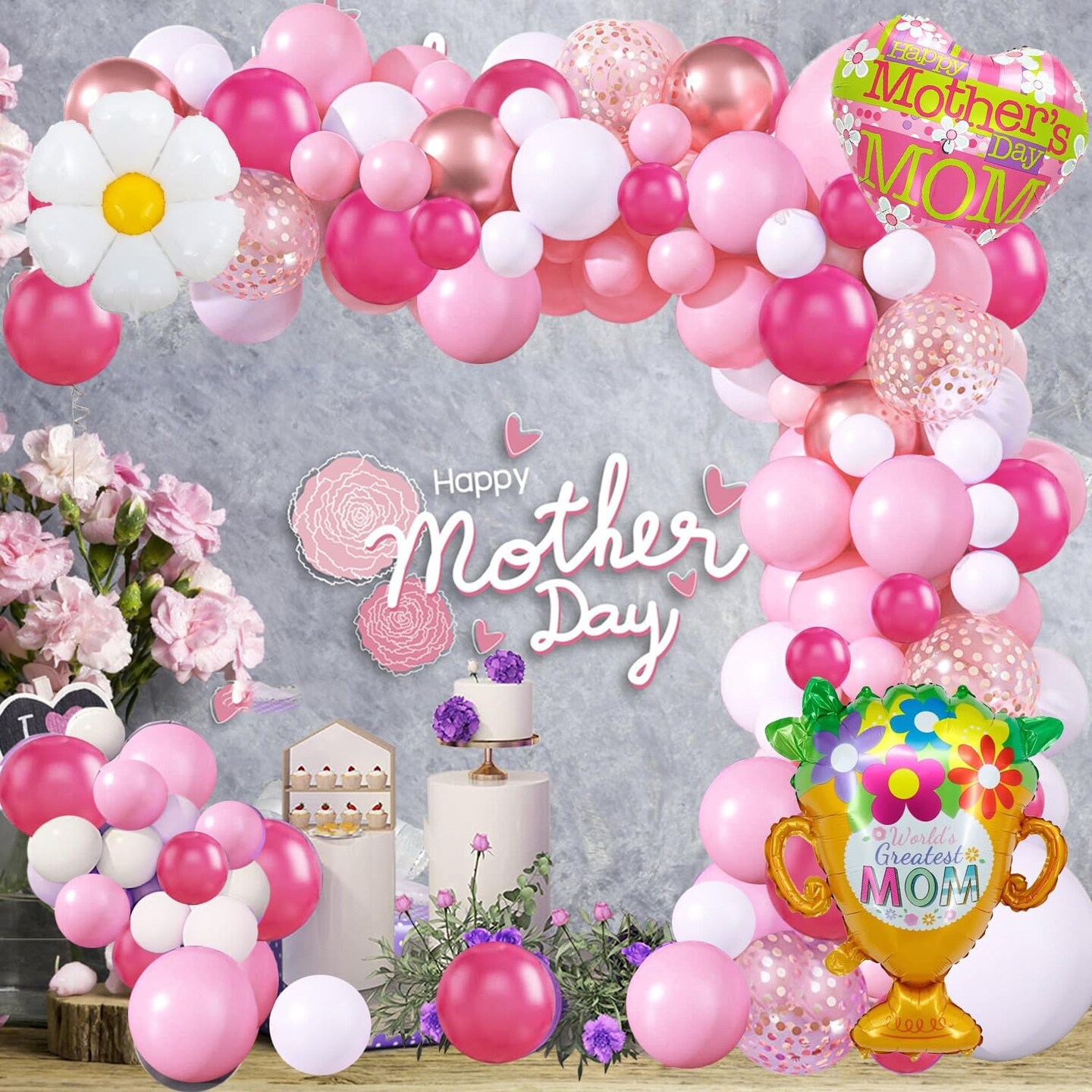 132PCS Mothers Day Balloons Garland Arch Kit,Mothers Day Decorations Happy Mother&#x27;s Day Foil Mylar Balloons for Mothers Day Party Decoration Supplies