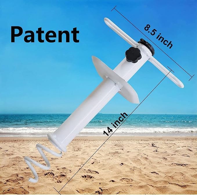Summer Beach Umbrella Sand Anchor Metal Heavy Duty Outdoor Umbrellas Base Ground Screw Auger with Carry Bag Universal &#x26; One Size Fits All for Sun Protection, Shade, High Winds White