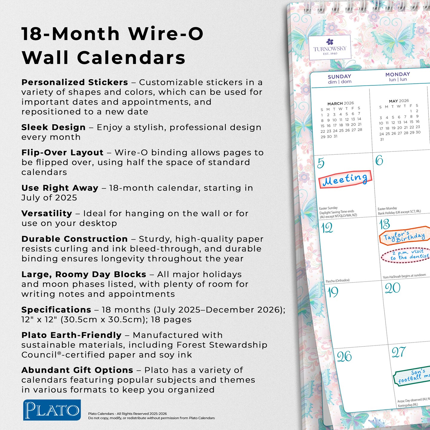 House of Turnowsky OFFICIAL | 2026 12 x 12 Inch (Hanging) 18 Months Monthly Square Wire-O Calendar | Sticker Sheet | July 2025 - December 2026