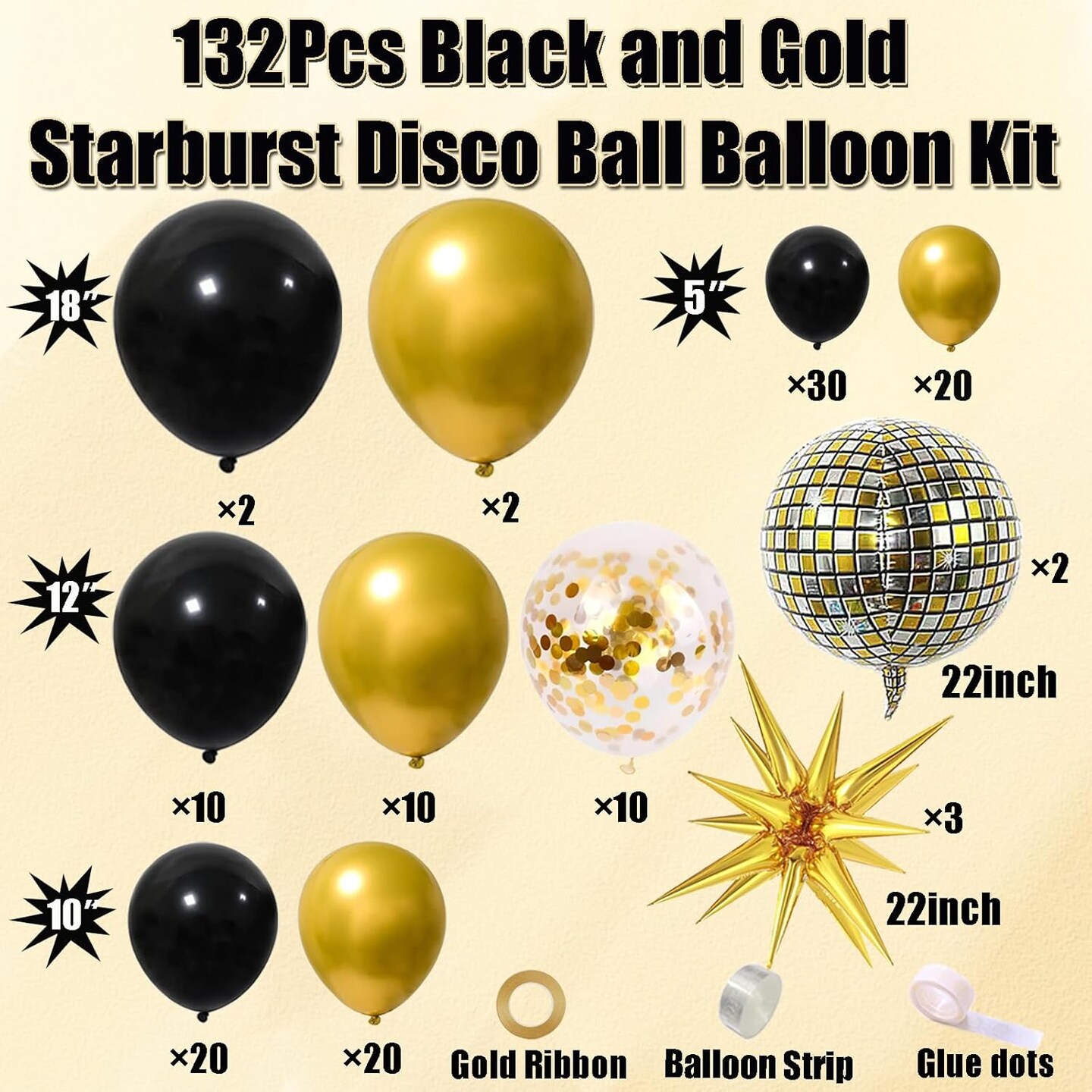 Black and Gold Balloon Garland Arch Kit with Gold Starburst Balloons Disco Ball Foil Balloons, Gold Confetti Latex Balloons for Graduation Anniversary Birthday Party Decorations