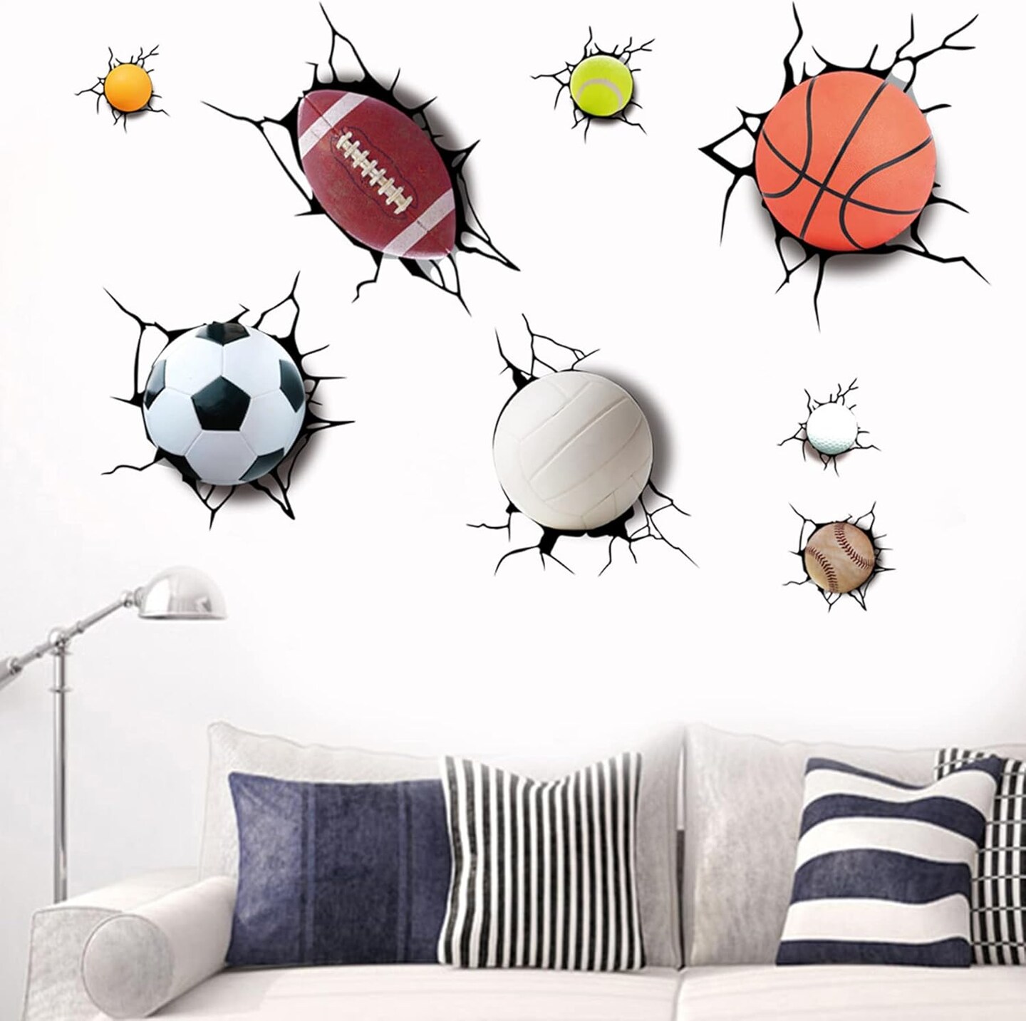 3D Sport Balls Wall Sticker Cracked Wall Sticker for Kids Living Room Decoration Detachable Wall Stickers Including Football, Basketball, Volleyball, Rugby, Tennis, Snooker, Bowling, Baseball