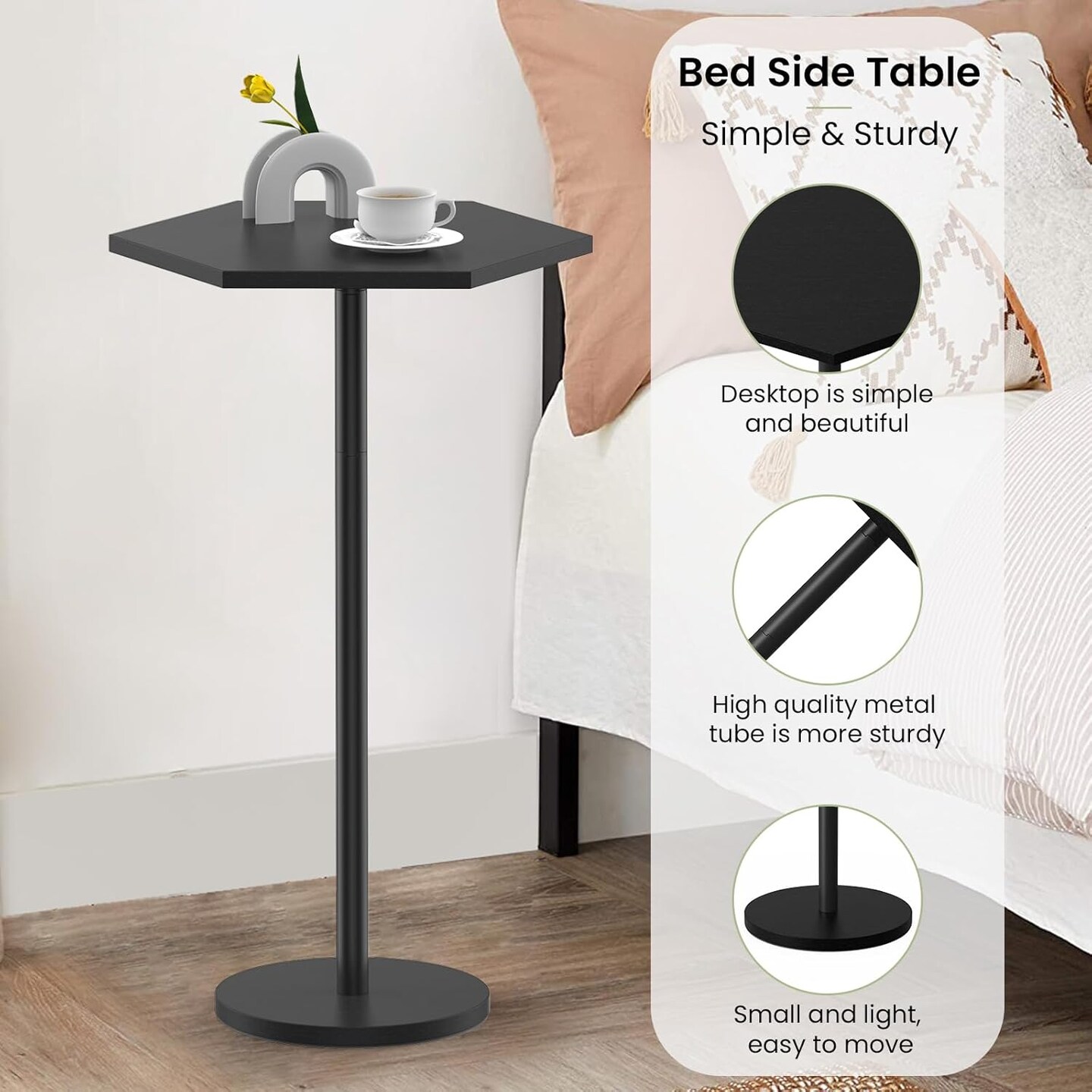 Modern Hexagon Pedestal Table Set of 2 - Black Drink Tables for Small Spaces, 24.4in/62cm Tall, Multi-Functional End Tables for Living Room, Bedroom, Patio (Easy Assembly)