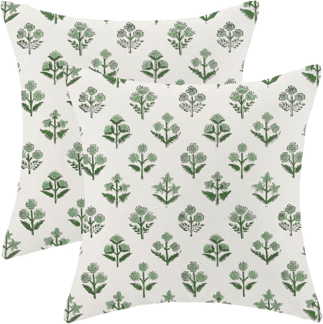 Sage Green Floral Block Print Pillow Covers 18x18 Inch Vintage Spring Flowers Throw Pillow Covers Set of 2 Summer Pillow Cases Outdoor Decorative for Living Room Bedroom Linen Square Cushion