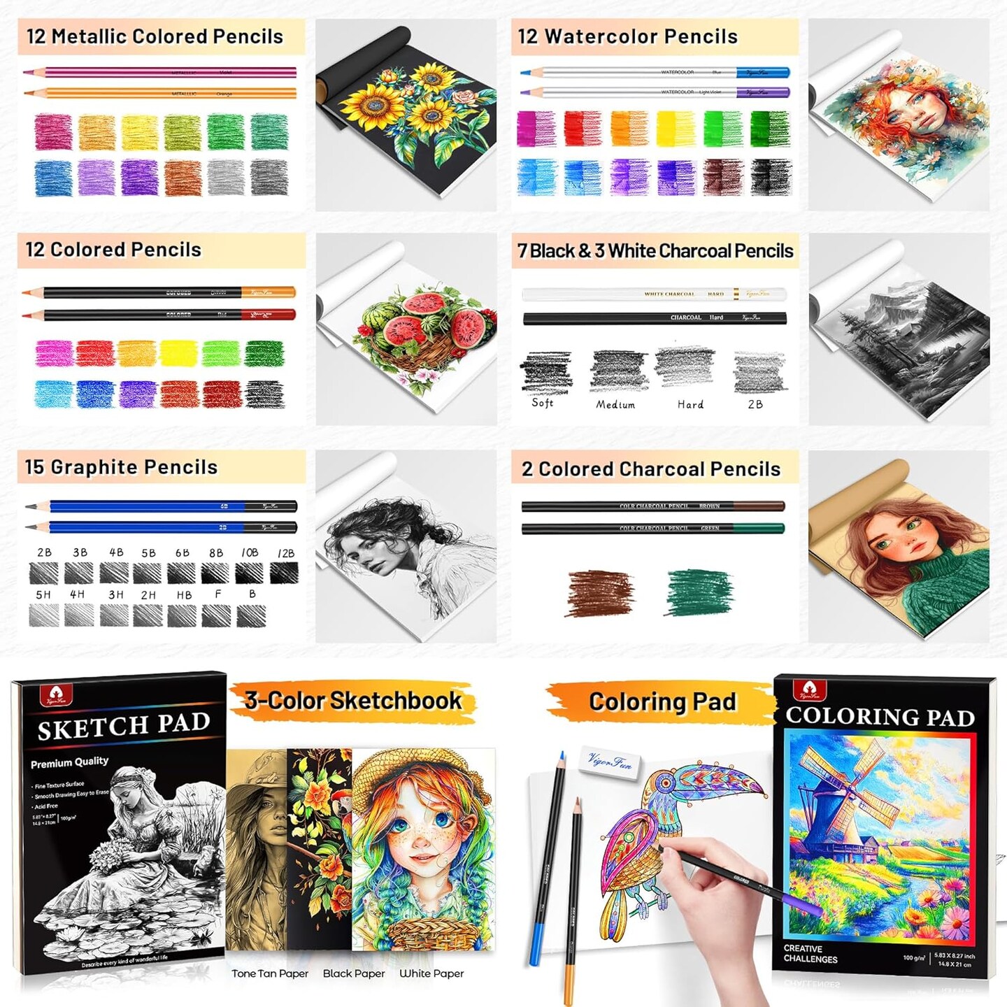 106 PCS Art Supplies Sketching Kit, Pro Drawing Pencils with 3-Color Sketchbook, Coloring Book, Colored Graphite Charcoal Watercolor &#x26; Metallic Pencils, Drawing Supplies Gifts for Artists Adults Kids