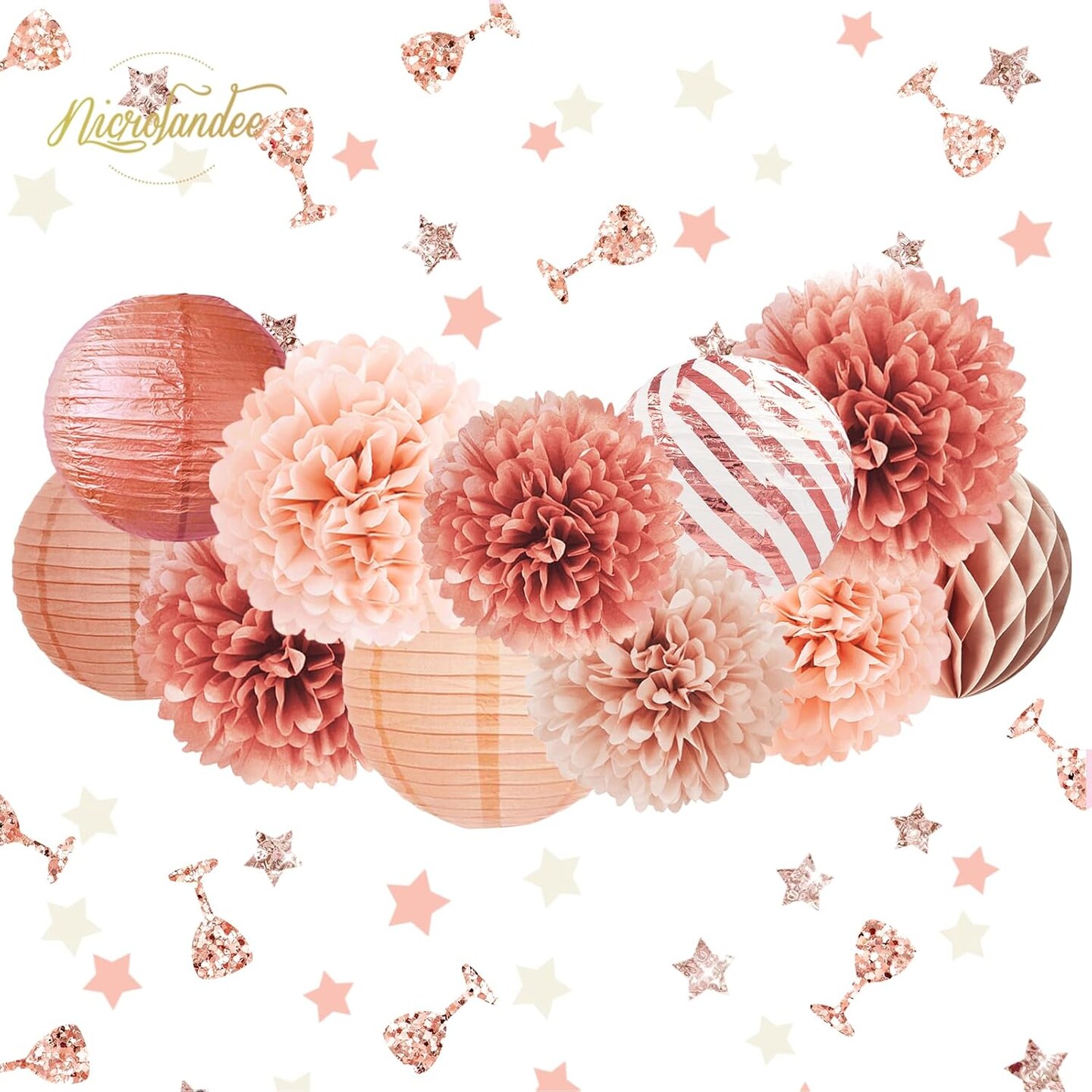 Rose Gold Party Decorations -12PCS Elegant Party Supplies Tissue Pom Poms Paper Lantern Glitter Confetti 30G for Valentines Wedding Bridal Shower Birthday Bachelorette Party Decorations