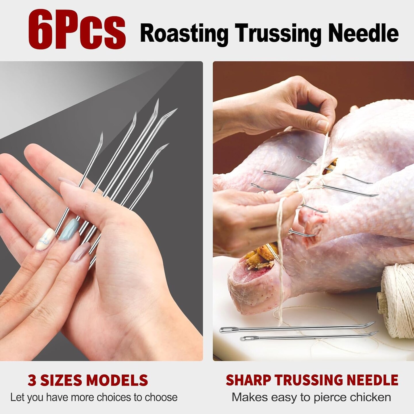 Meat Trussing Needles, Roasting Trussing Needles for Lacing Roast Turkey, Chicken, Pork Skin, Whole Hog, Lamb, and Rotisserie Pig; Two of Each Size 4.9/5.7/7inch, 6pcs in All