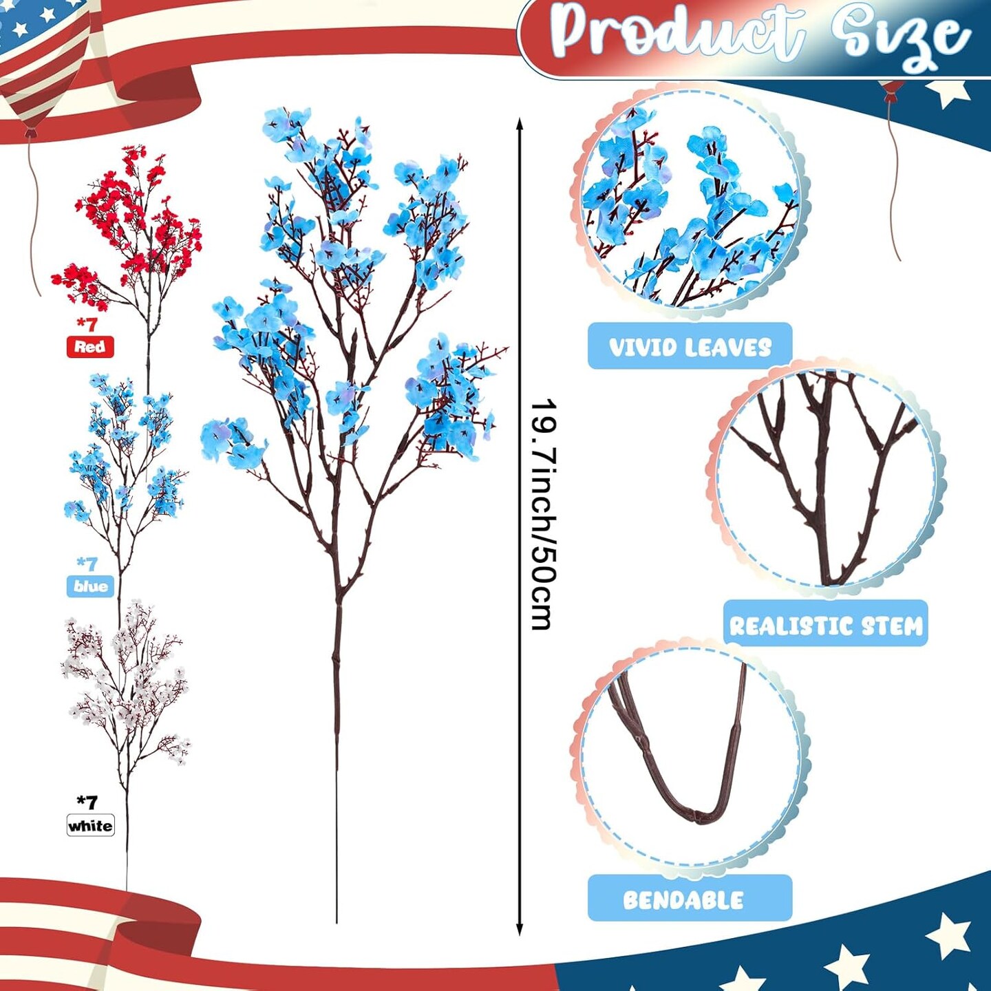 21 Pcs 4th of July Artificial Flowers, Red Blue White Patriotic Decorations Fake Flowers Home Decor Floral Arrangement for Veterans Day