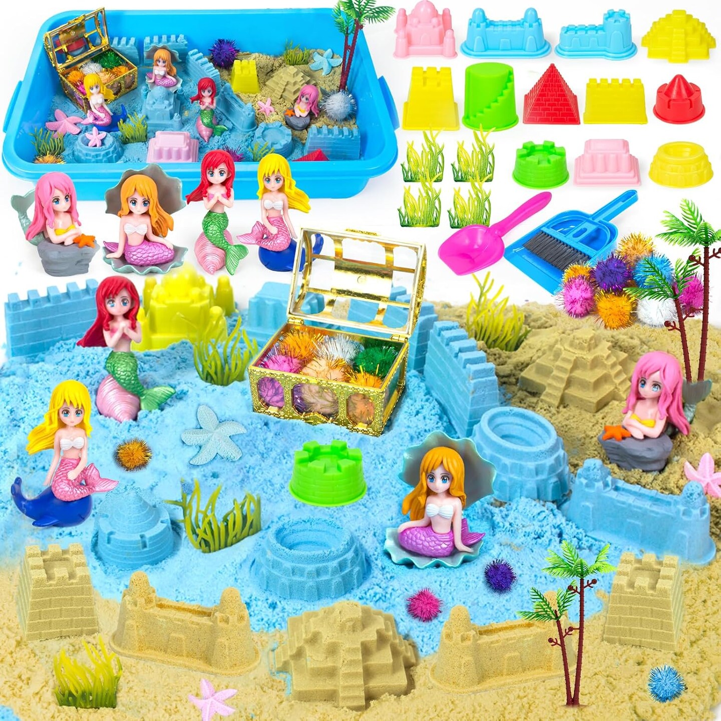 Summer Mermaid Sensory Bin Sandbox Toys for Toddlers Girls Kids- Mermaid Toys for Kids Play Sand Kit Sensory Sand Bin Toys with 2.2 lbs Sand &#x26; Castle Mold,Great Christmas Birthday Gift for Girl Kids