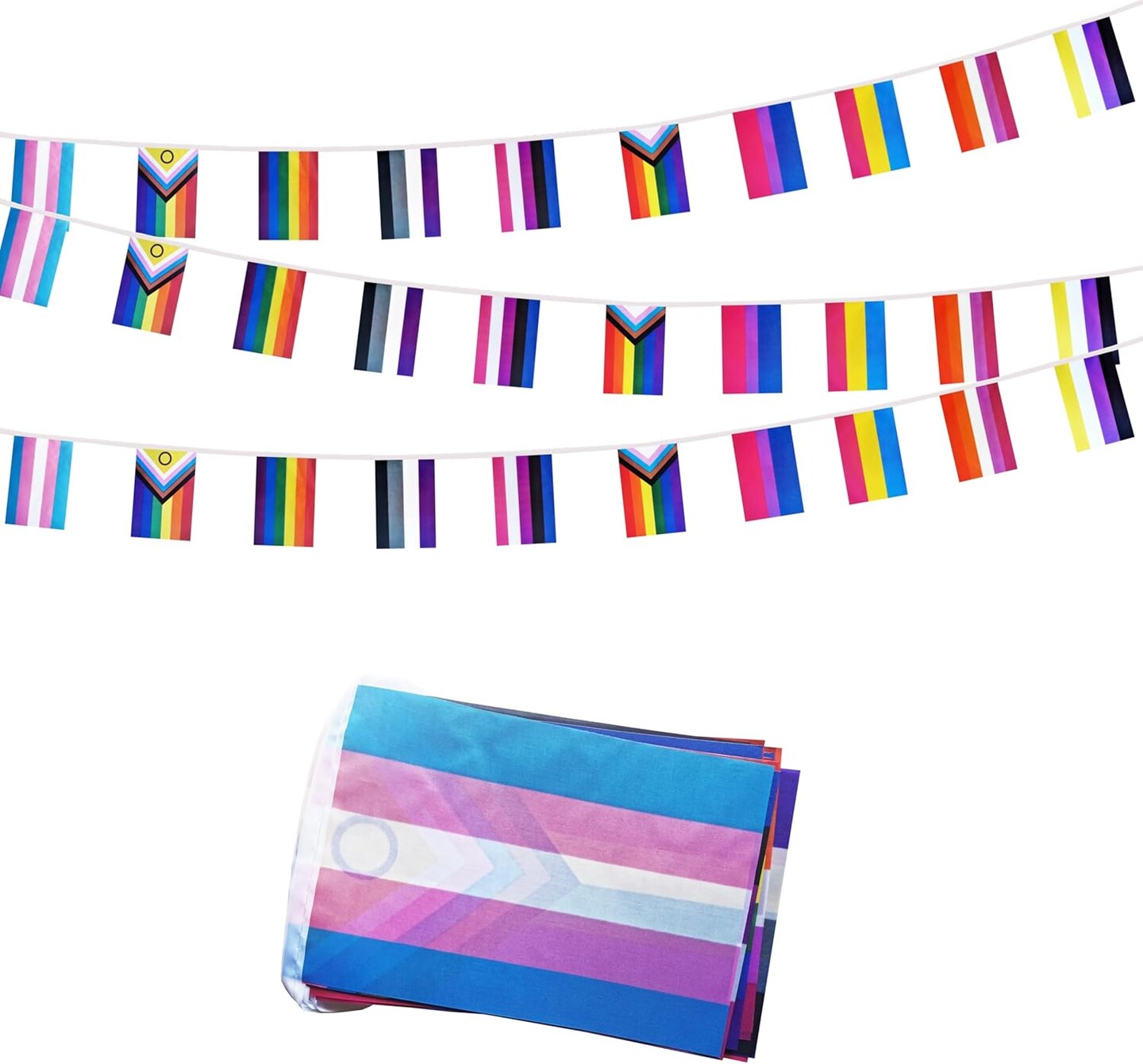 Rainbow Progress Small String Flags, 10 Types Rainbow Pride Pennant Banner Bunting Flags, LGBTQ and Gay Lesbian Pride, intersex, Bisexual, Pansexual, Transgender, Pride Month Outdoor Decorations, 33 Feet 30 Flags (1 Pack)