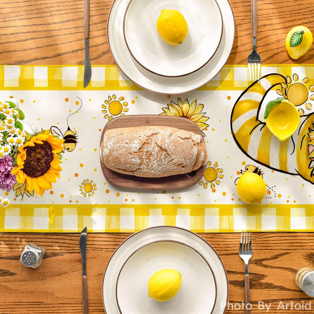 Yellow Buffalo Plaid Sunflower Gnome Table Runner 13x72, Spring Summer Dining & Party Decor