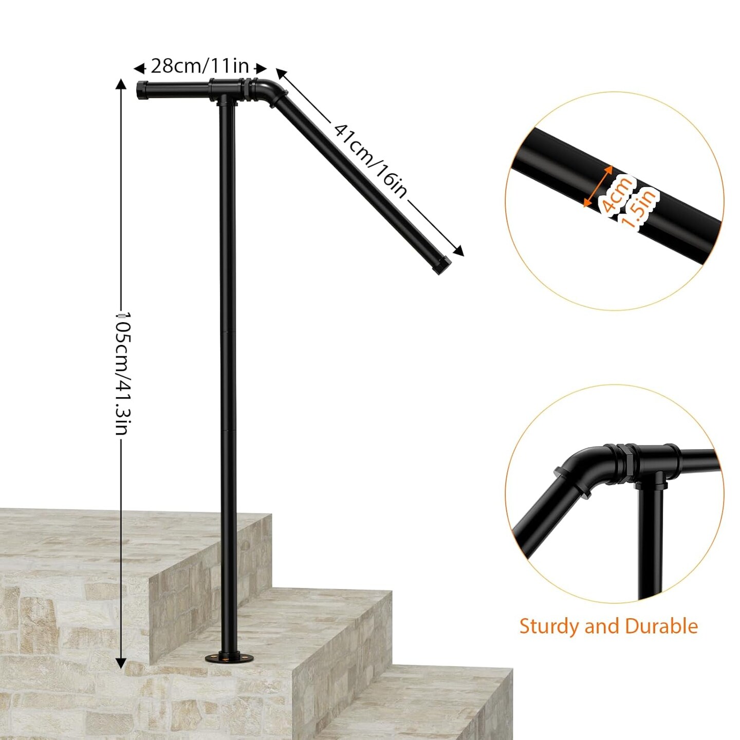 Sturdy Single Post Outdoor Stair Railing Handrails – Adjustable Height Wrought Iron Black Porch Railings for Concrete/Wooden Steps, Indoor/Outdoor Use (Garden, Garage, Balcony)