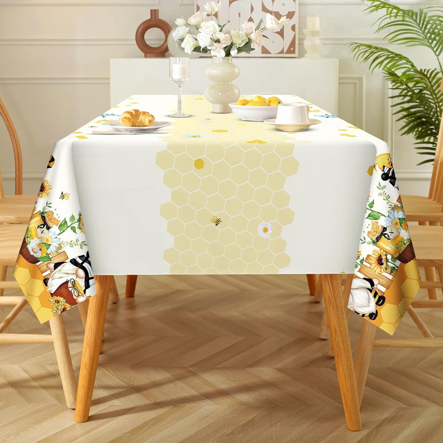 Sunflower Gnome Tablecloth Waterproof, Summer Table Cloth Rectangle Stain Resistant, Washable Bee Table Cover for Home Kitchen Dining Party Decoration (60&#xD7;84 Inch)