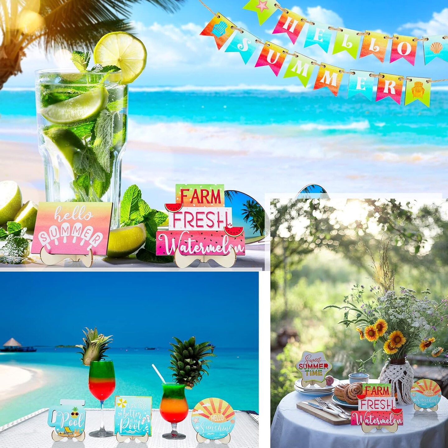 22 Pieces Summer Tabletop Decor Hawaiian Wooden Plaque for Shelf Kitchen