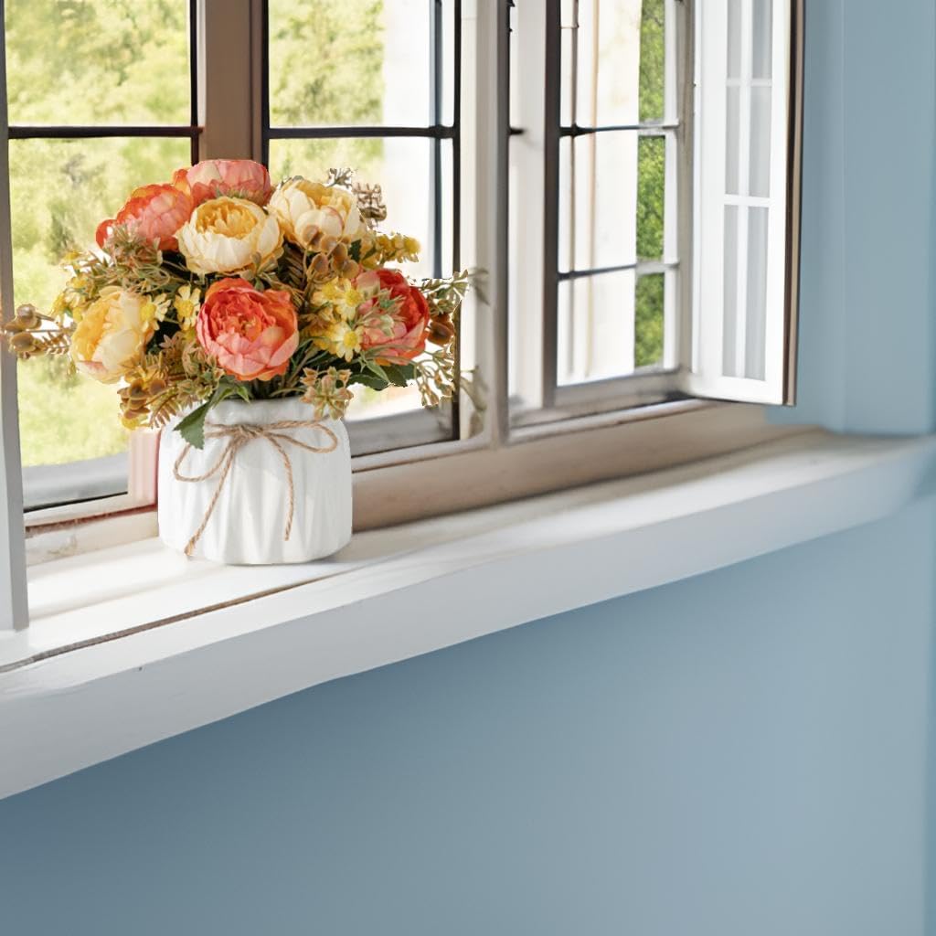 Faux Flowers with Vase,Artificial Silk Flowers in Ceramic Vase,Small Fake Flower Arrangement for Home Office Kitchen Bathroom Coffee Dining Table Centerpiece Decor (Orange,Chrysanthemum)