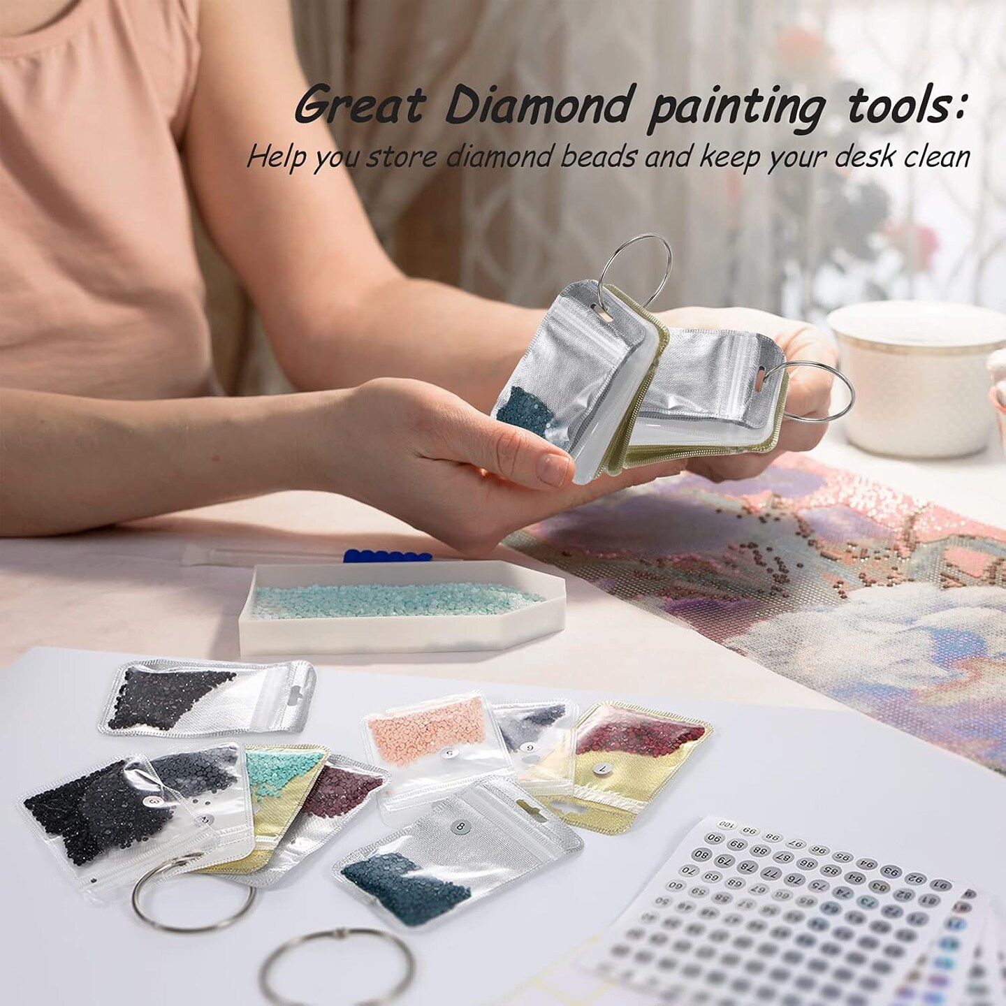 200 Pieces Diamond Painting Accessories Diamond Painting Tools Kit Storage Container Diamond Art Resealable Bags with 4 Round Binding Rings, 5 Sheets Number Stickers and 5 Sheets Sticker Label