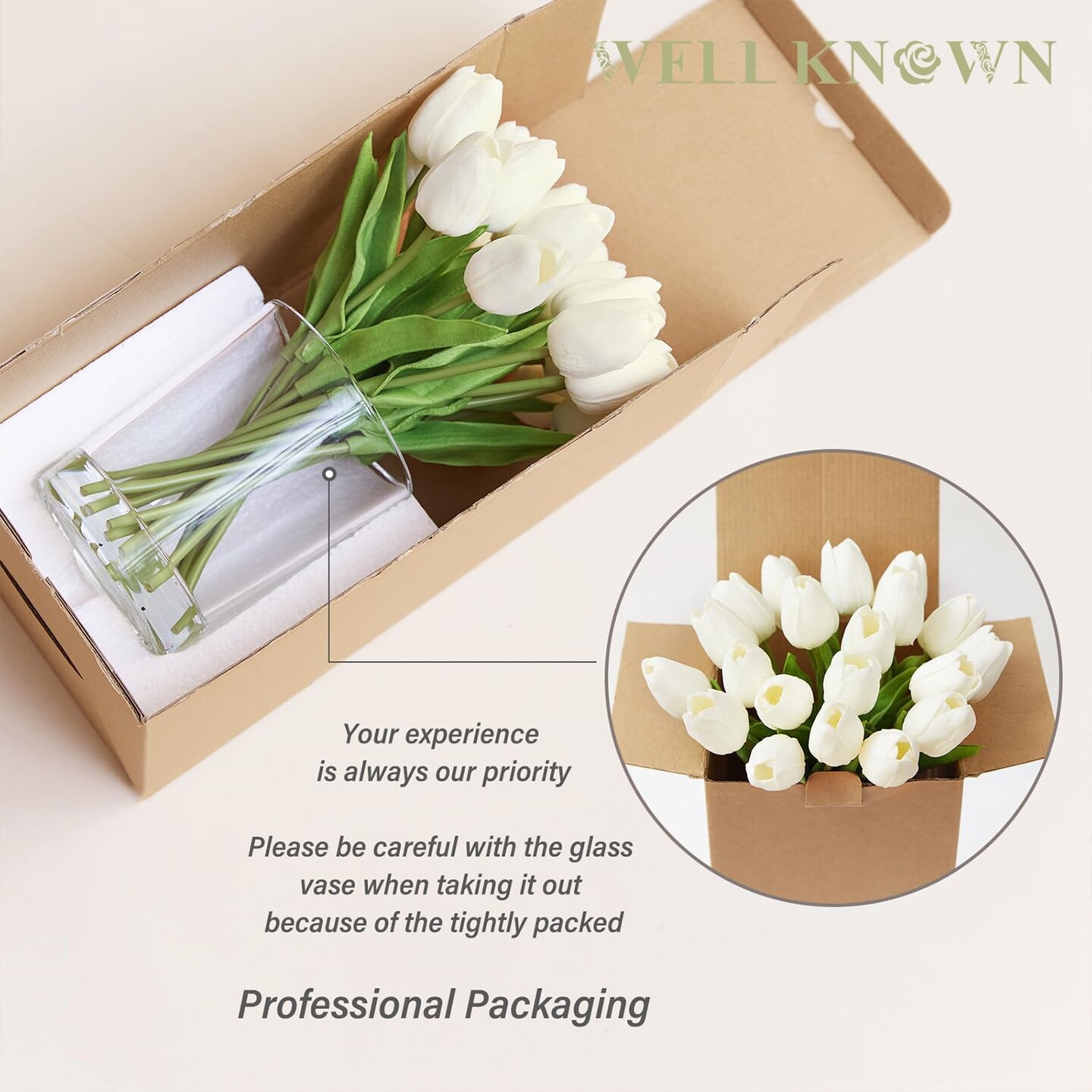 20 Pcs White Tulips Artificial Flowers in Vase, Fake Flowers in Glass Vase, Real Touch Fake Tulips Artificial Flowers in vase with Faux Water for Home Decoration, Dining Table