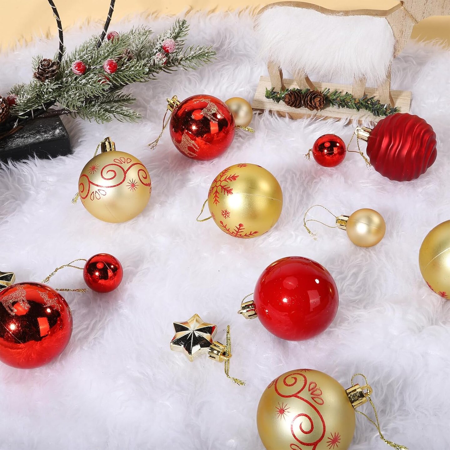44Pcs Christmas Ball Gold and Red Christmas Ornaments Set for Garden Backyard Holiday Wedding Party Decor with 12 pcs 2.36” Large and 32 pcs 1.18” Mini Christmas Decorations Ornaments Bulk Balls