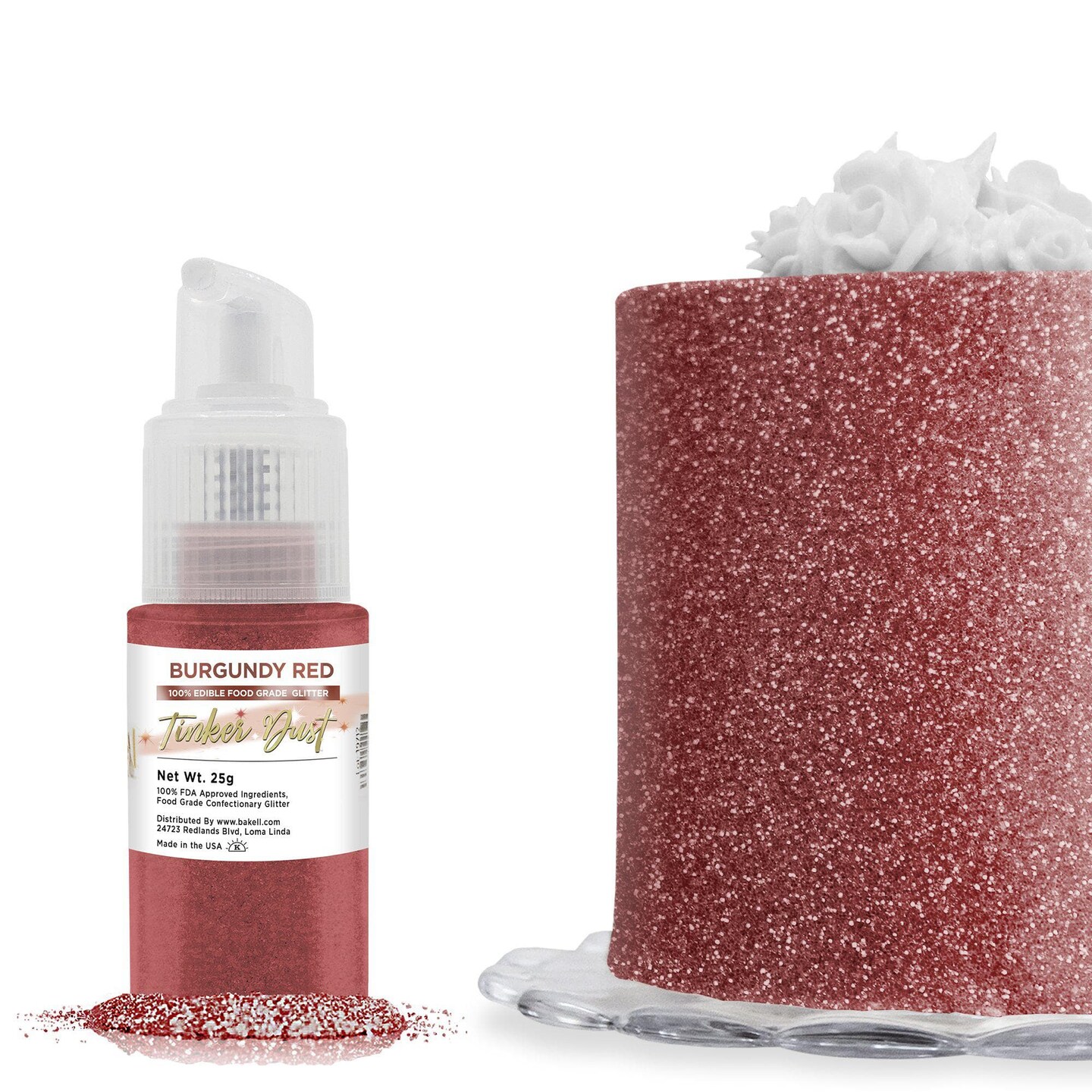Bakell - Burgundy Red Tinker Dust Edible Glitter (25g, 1x Spray Pump) for Food, Desserts, and Beverages!
