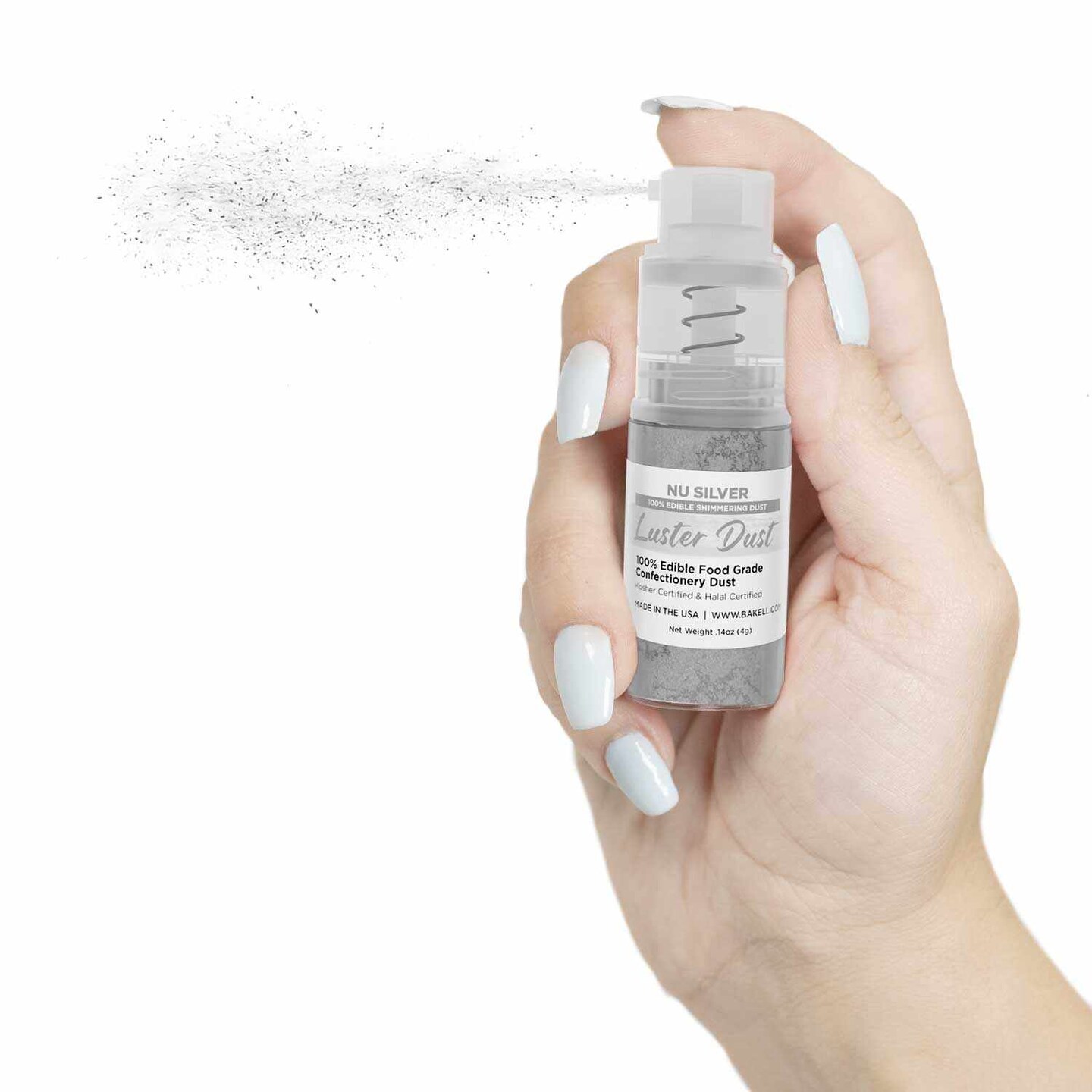 Bakell - Nu Silver Luster Dust (4g, 1x Pump) Edible Vegan Dust &#x26; Paint for Baking, Desserts and Beverages